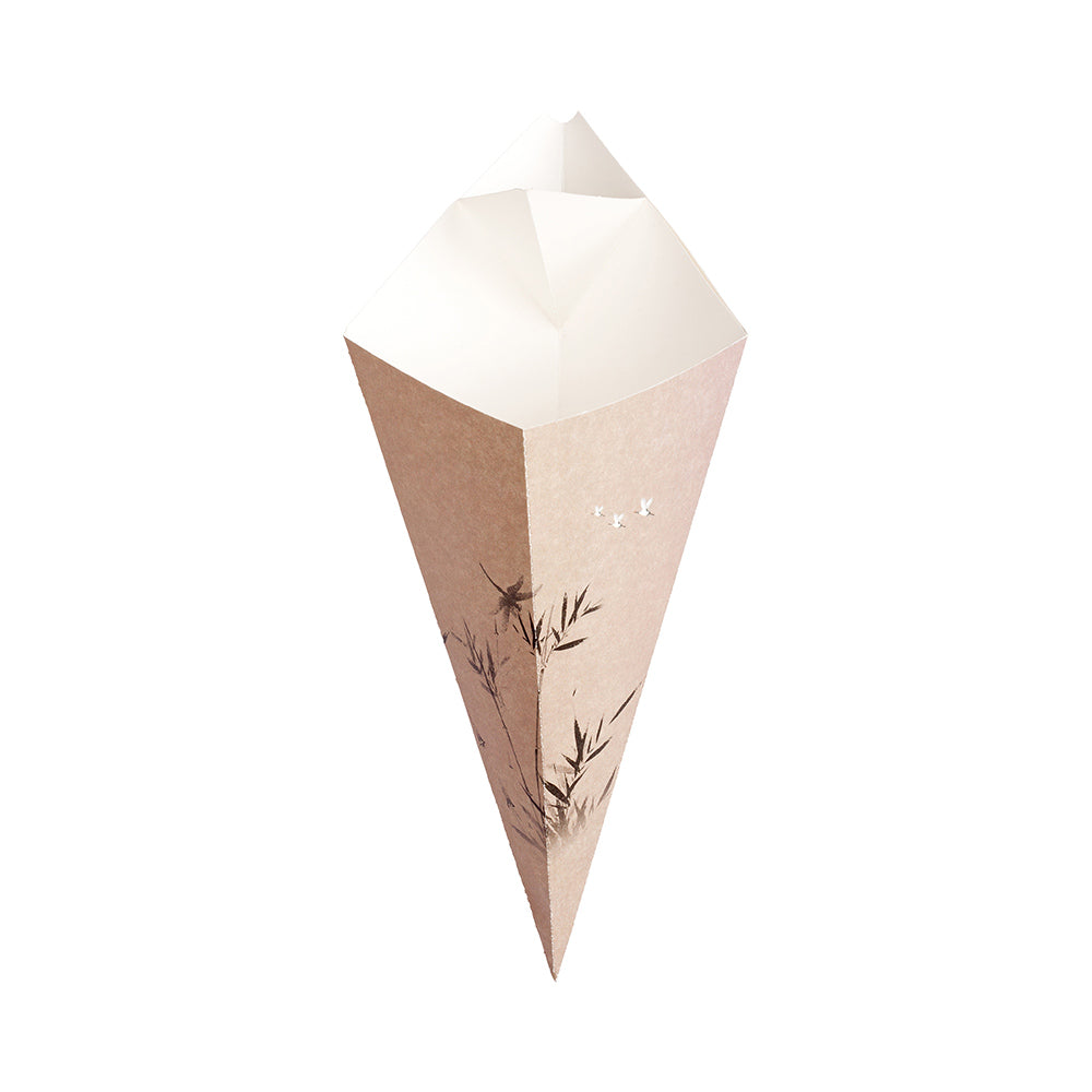 Cone Tek Bamboo Print Paper Food Cone - with Dipping Pocket - 11" x 6 1/2" - 100 count box