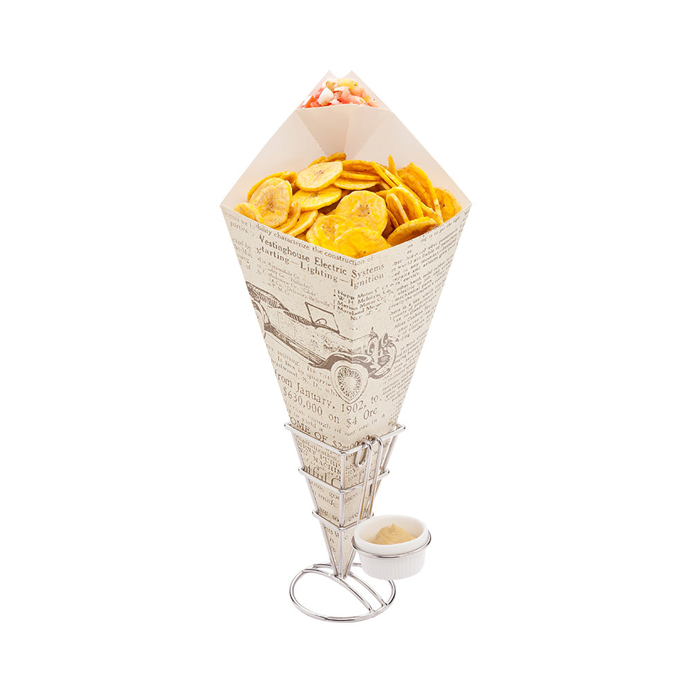 Cone Tek Newsprint Paper Food Cone - with Dipping Pocket - 15" x 9" - 100 count box