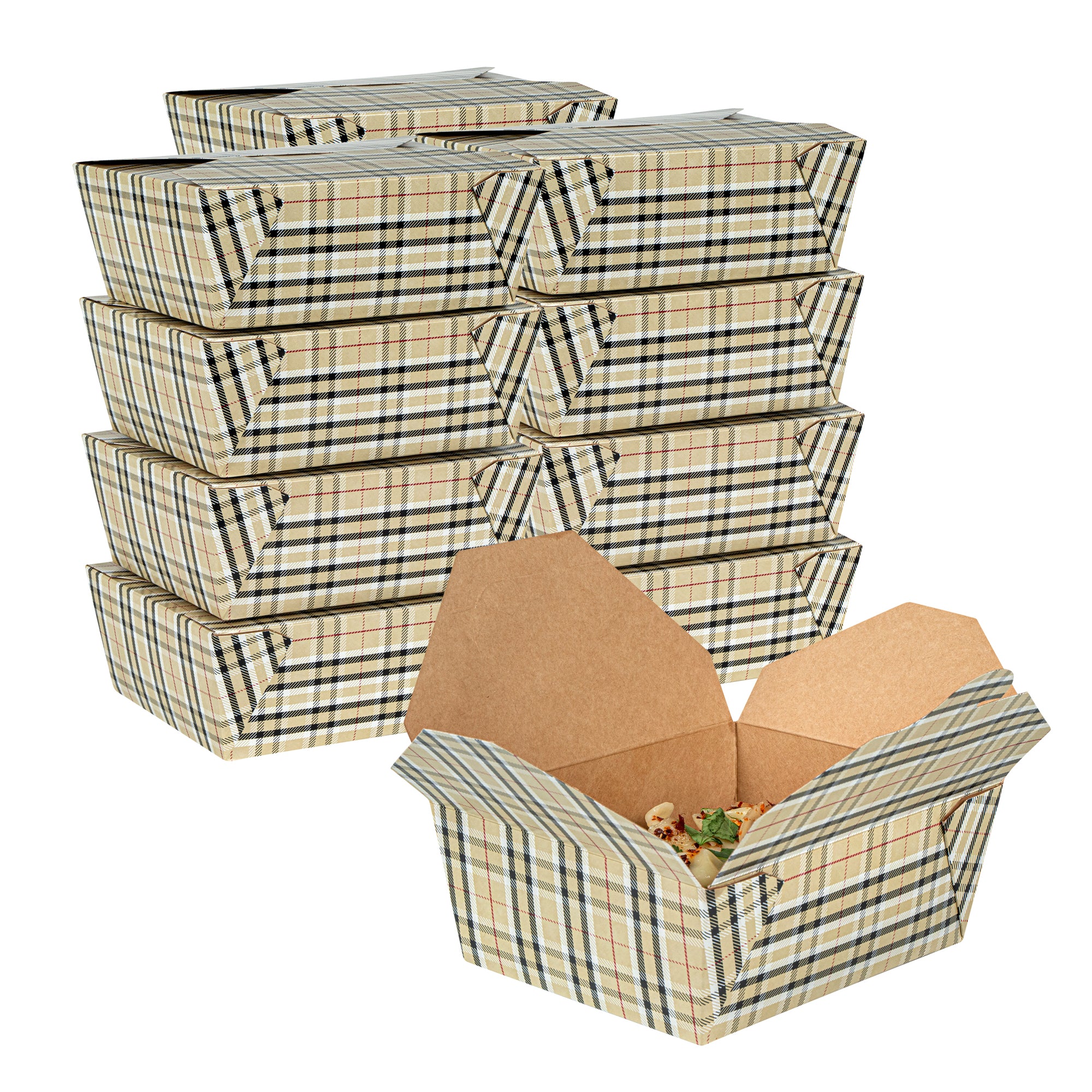 Bio Tek 45 oz Rectangle Plaid Paper #8 Bio Box Take Out Container - 6 3/4" x 5 1/2" x 2 1/2" - 200 count box