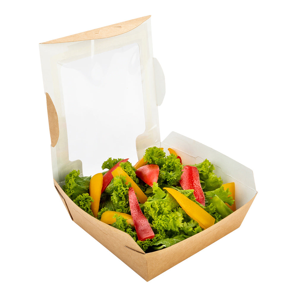 Cafe Vision 26 oz Rectangle Kraft Paper Medium Bio Salad Box - 5 3/4" x 5 3/4" x 1 3/4" - 200 count box