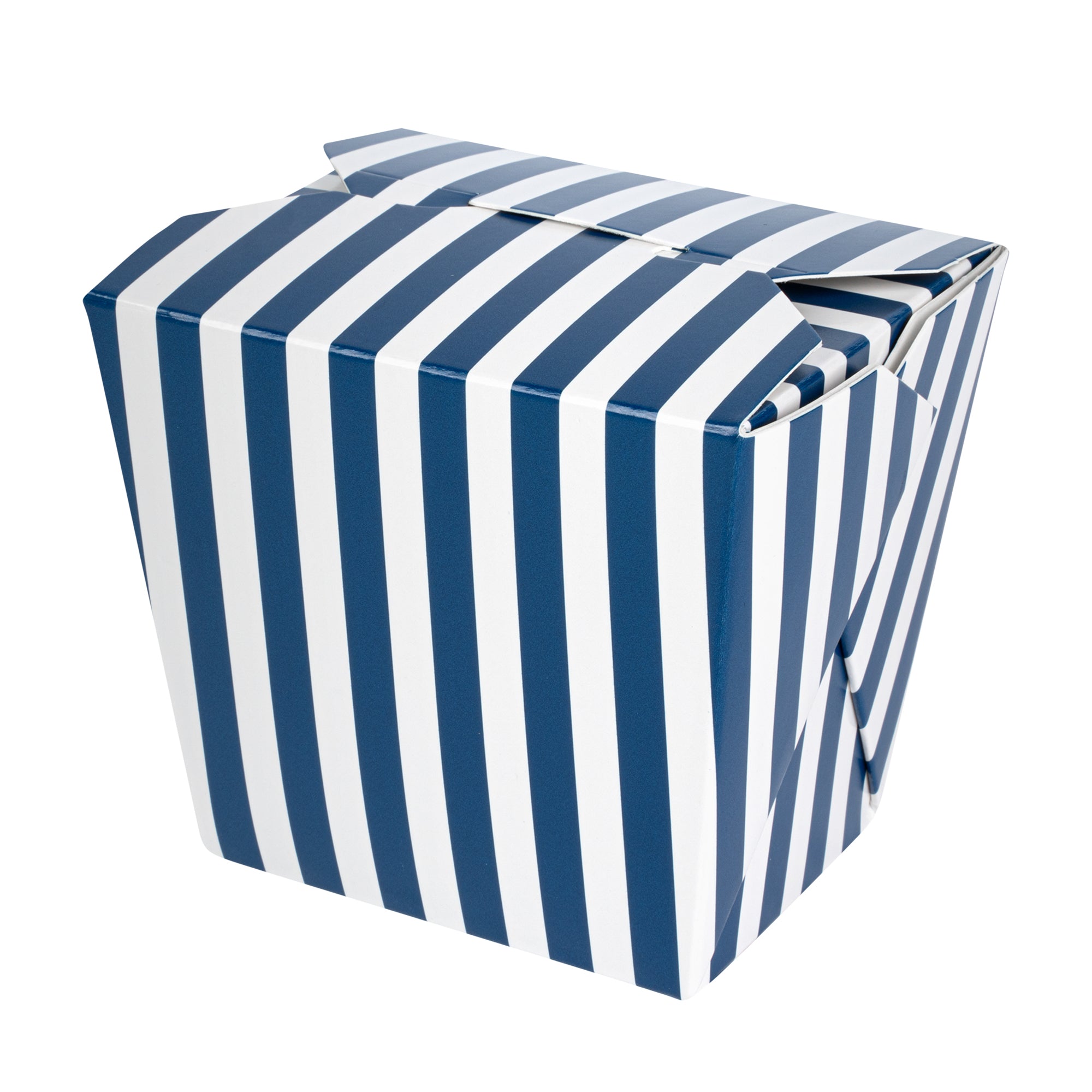 Bio Tek 16 oz Square Blue and White Stripe Paper Noodle Take Out Container - 3 1/2" x 3" x 3 1/4" - 200 count box