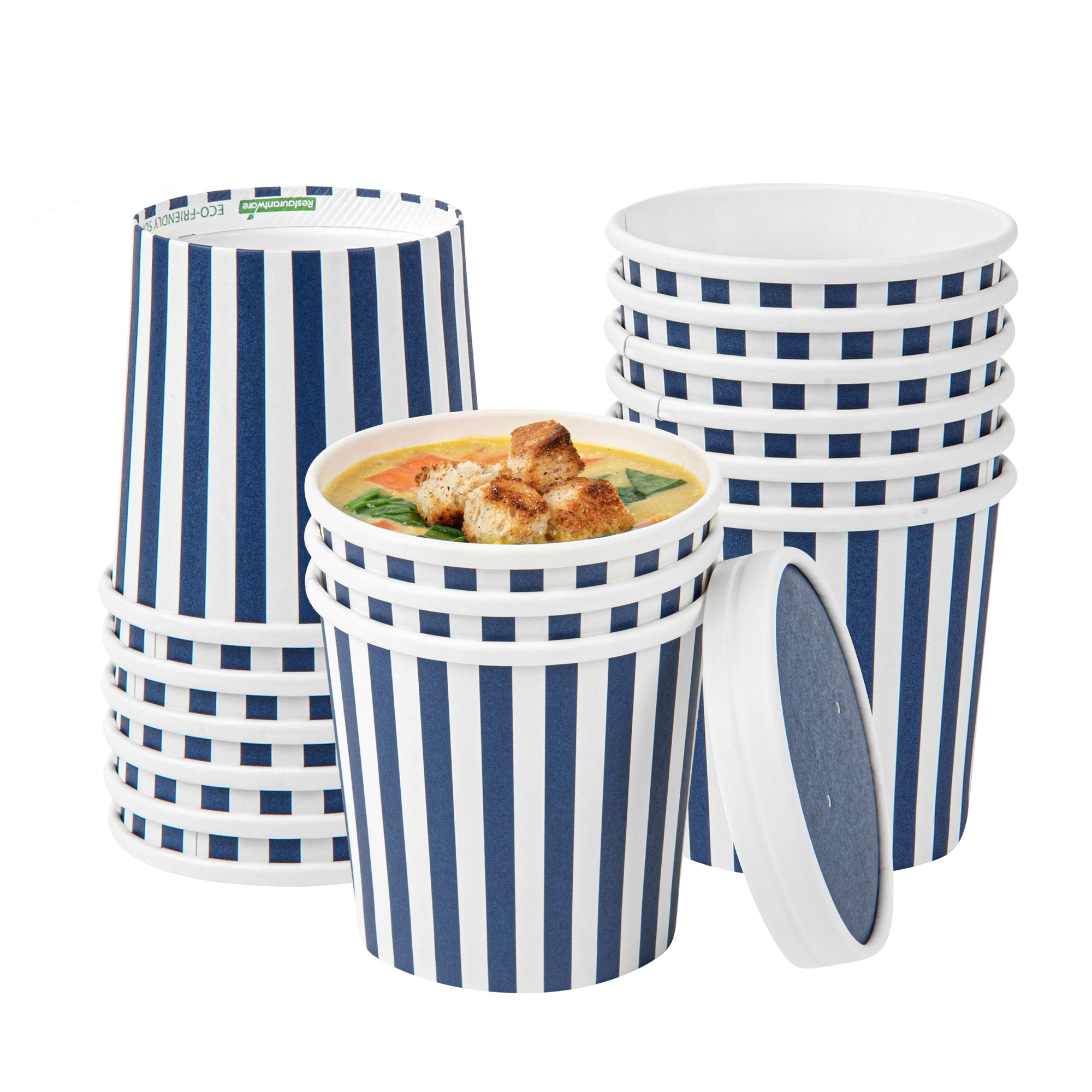 Bio Tek 12 oz Round Blue and White Stripe Paper Soup Container - 3 1/2" x 3 1/2" x 3 1/2" - 200 count box