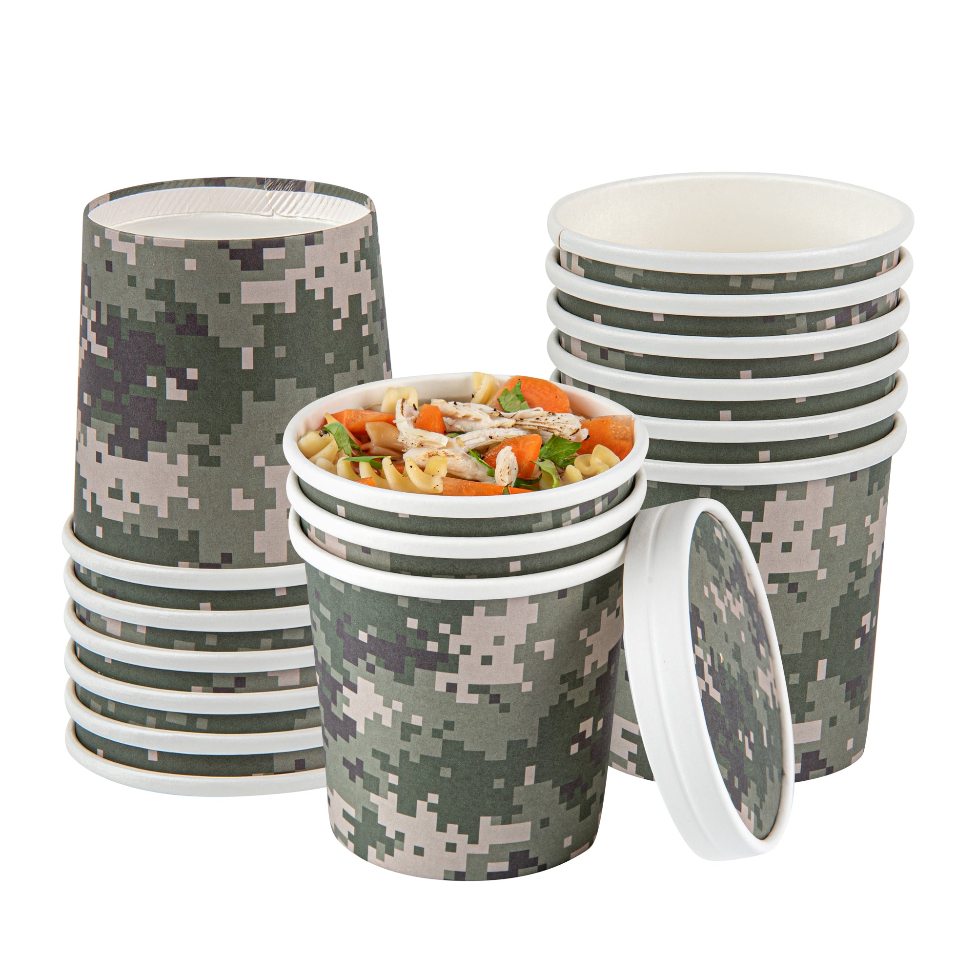 Bio Tek 12 oz Round Camouflage Paper Soup Container - 3 1/2" x 3 1/2" x 3 1/2" - 200 count box