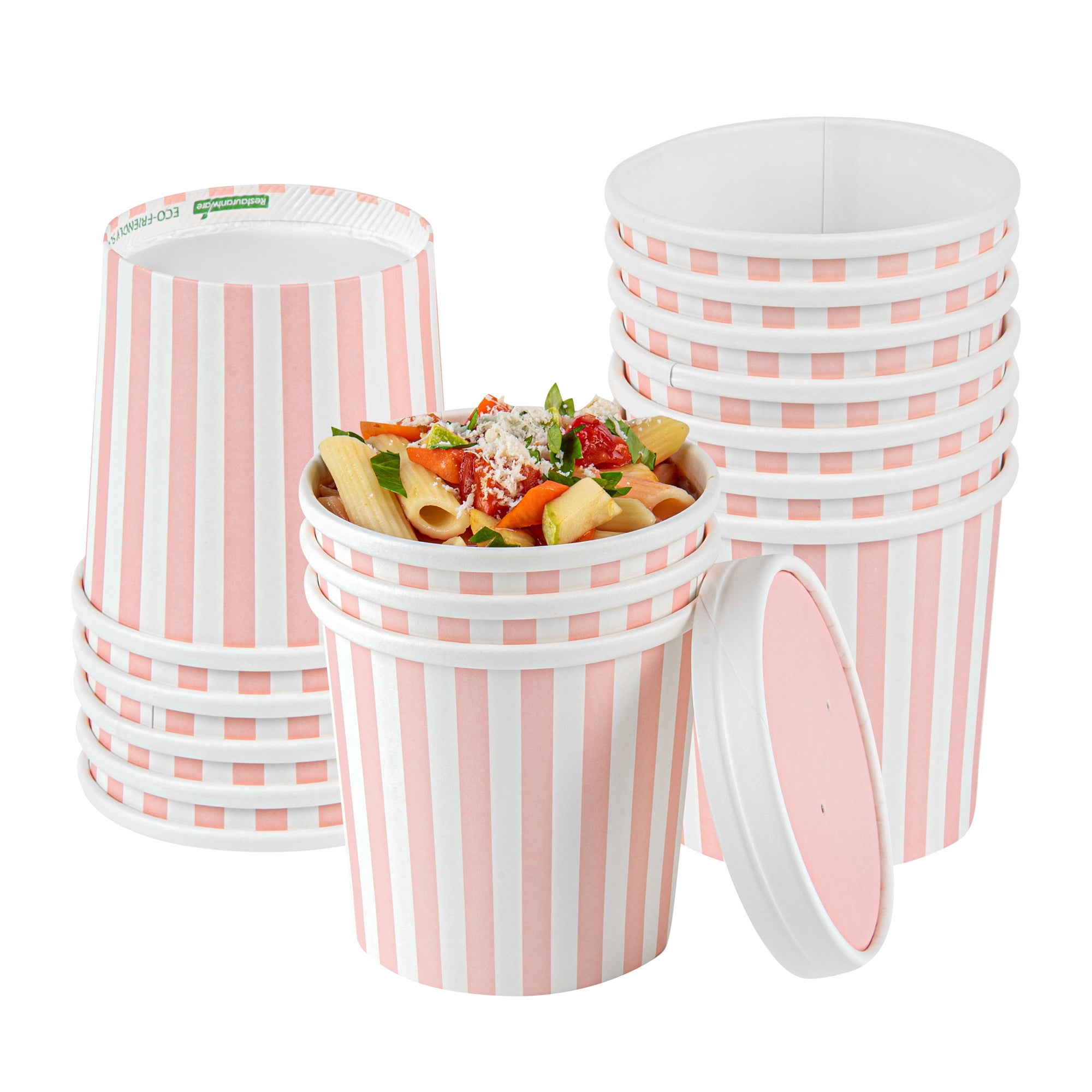 Bio Tek 12 oz Round Pink and White Stripe Paper Soup Container - 3 1/2" x 3 1/2" x 3 1/2" - 200 count box