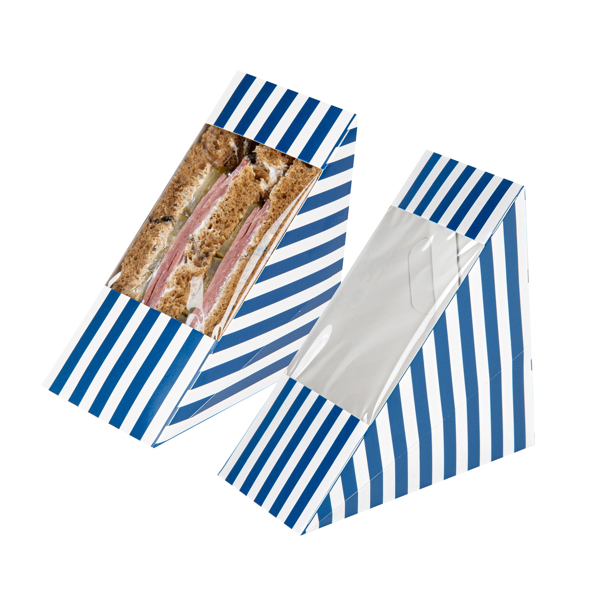 Cafe Vision Triangle Blue and White Stripe Paper Medium Sandwich Box - 4 3/4" x 4 3/4" x 2 3/4" - 200 count box