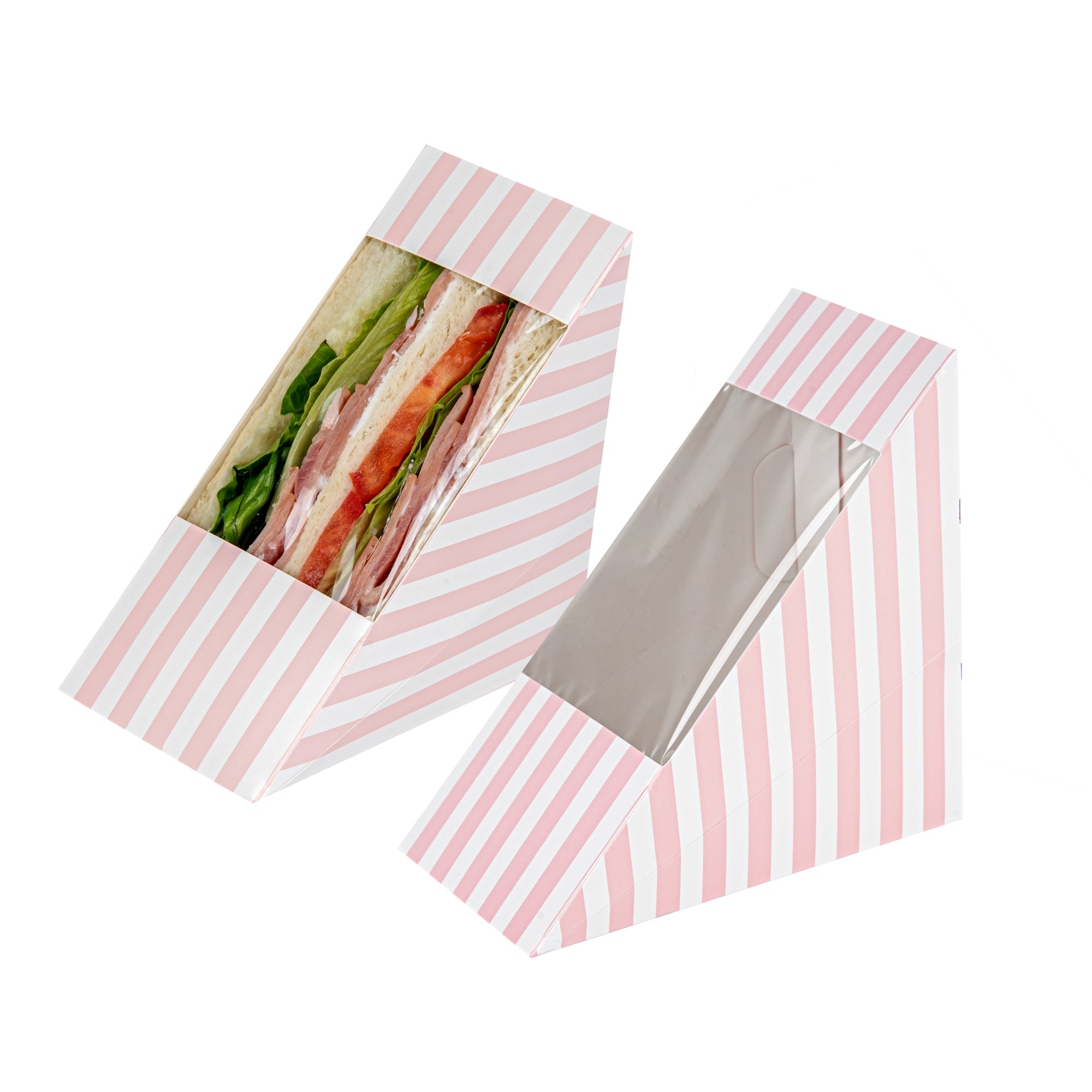 Cafe Vision Triangle Pink and White Stripe Paper Medium Sandwich Box - 4 3/4" x 4 3/4" x 2 3/4" - 200 count box