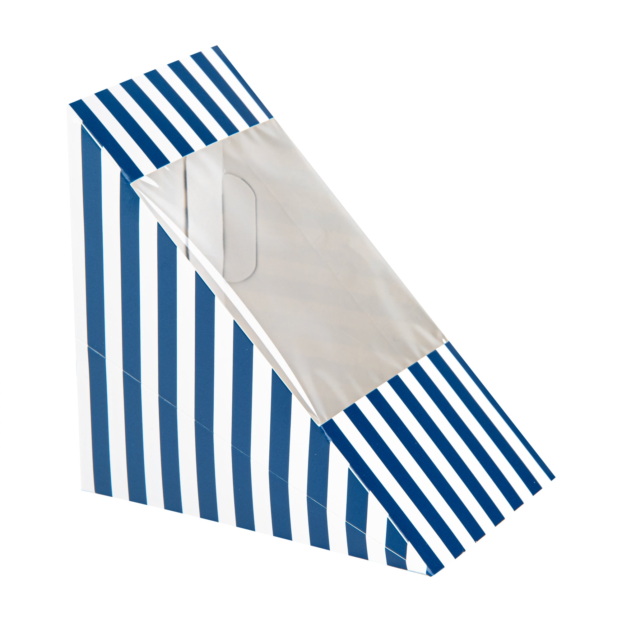 Cafe Vision Triangle Blue and White Stripe Paper Large Sandwich Box - 4 3/4" x 4 3/4" x 3 1/4" - 200 count box