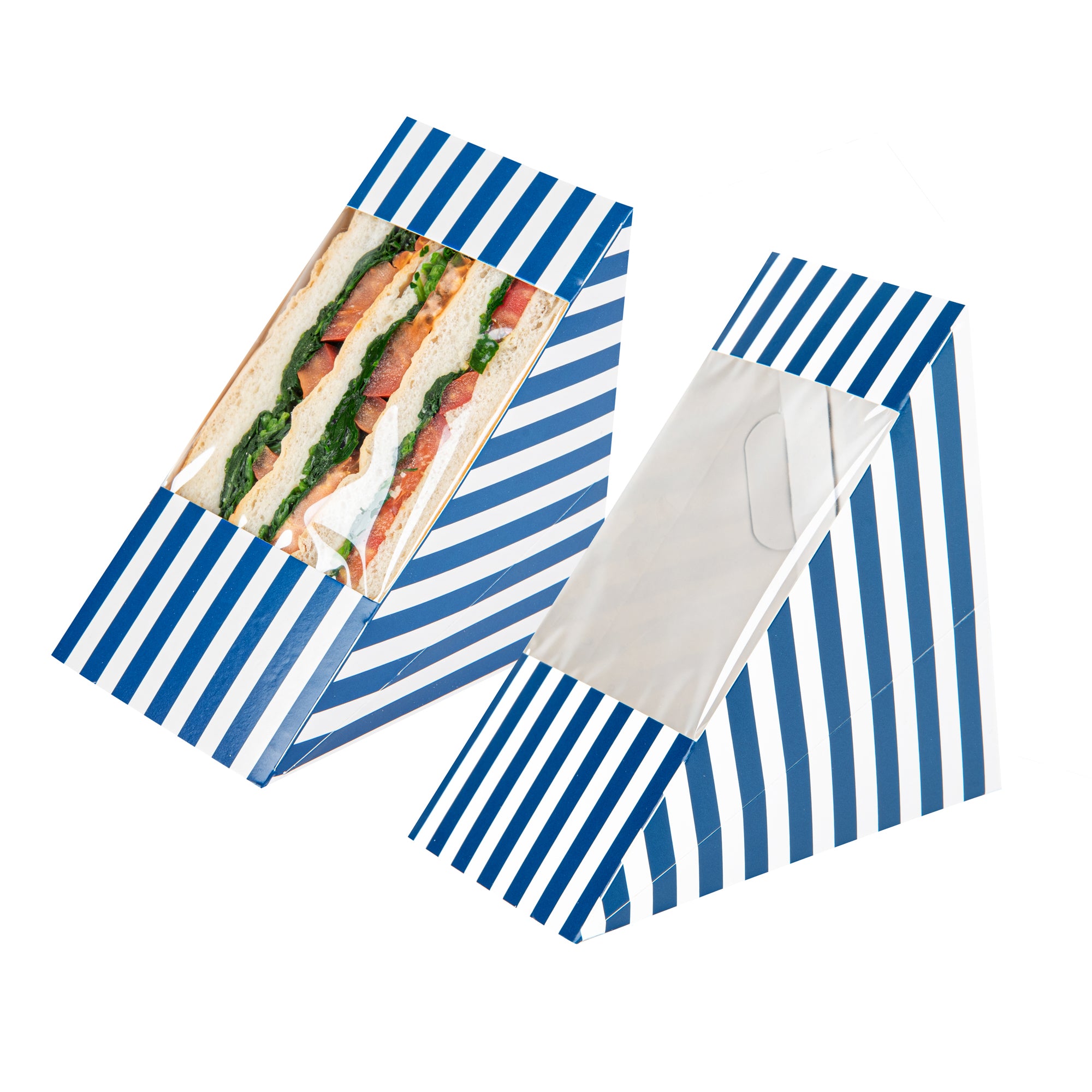 Cafe Vision Triangle Blue and White Stripe Paper Large Sandwich Box - 4 3/4" x 4 3/4" x 3 1/4" - 200 count box