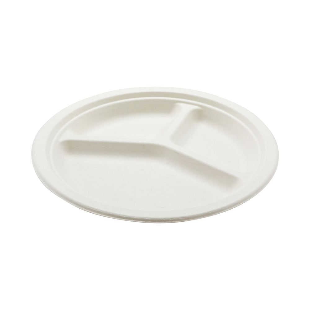 Pulp Tek Round White Sugarcane / Bagasse Plate - 3-Compartment - 10 1/4" x 10 1/4" x 1" - 100 count box