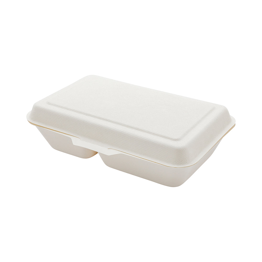 Pulp Tek 34 oz Rectangle White Sugarcane / Bagasse Clamshell Container - 2-Compartment - 9 1/2" x 6 1/4" x 2 1/2" - 100 count box