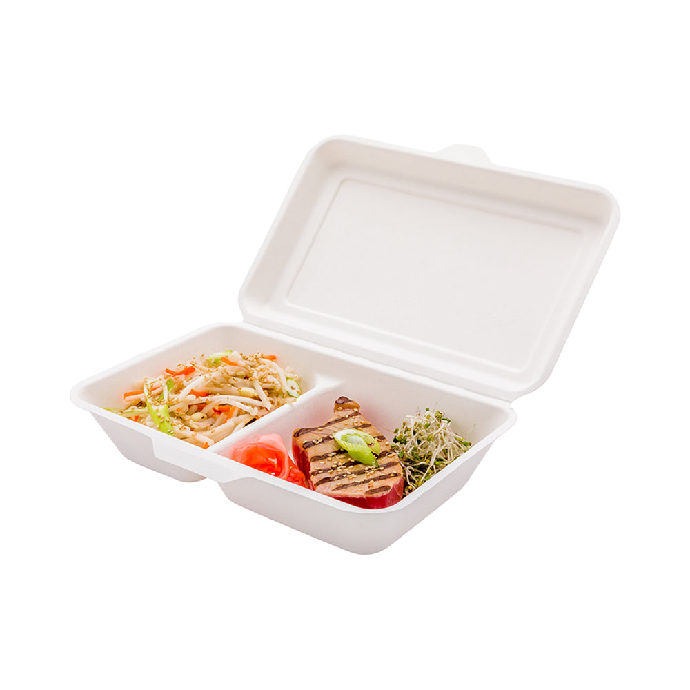 Pulp Tek 34 oz Rectangle White Sugarcane / Bagasse Clamshell Container - 2-Compartment - 9 1/2" x 6 1/4" x 2 1/2" - 100 count box