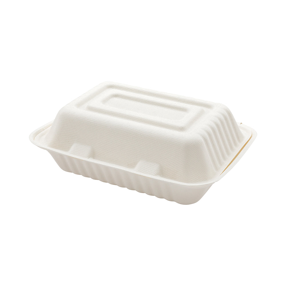 Pulp Tek 22 oz Rectangle White Sugarcane / Bagasse Medium Clamshell Container - 9" x 6 1/2" x 3" - 100 count box