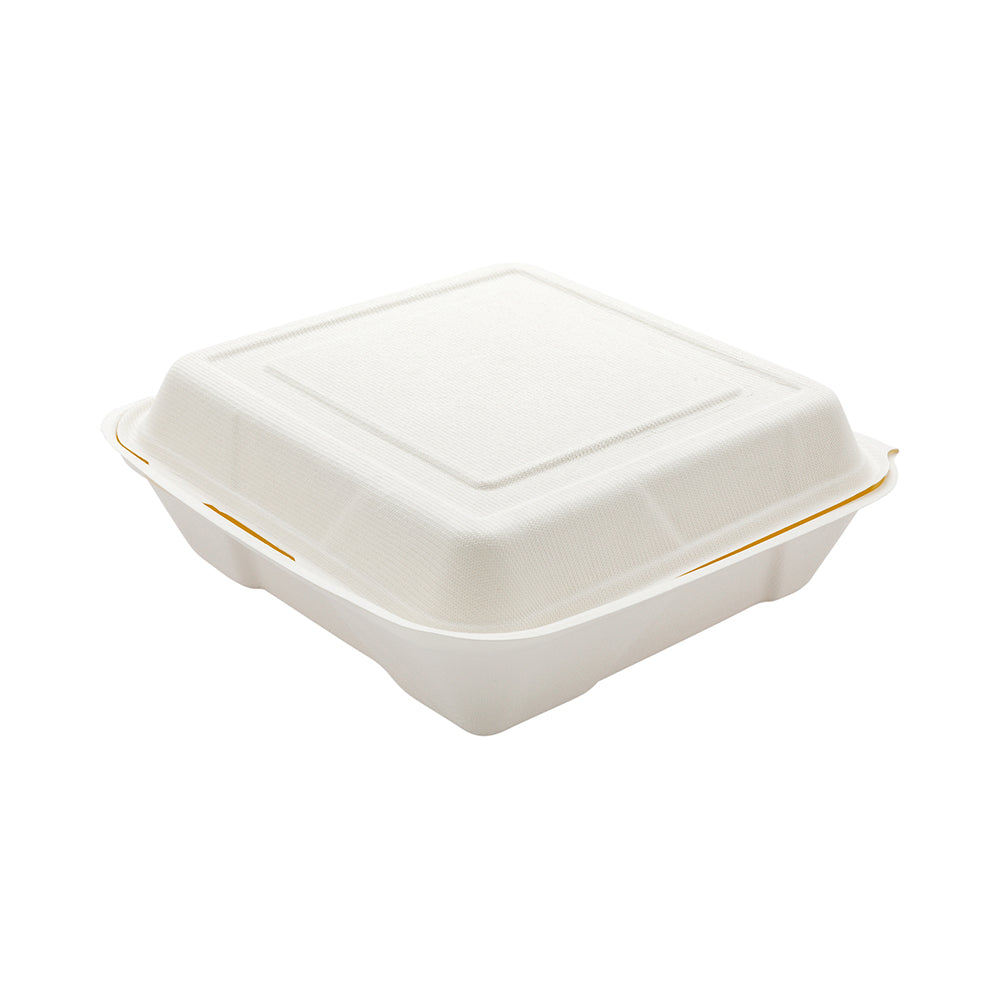 Pulp Tek 32 oz Square White Sugarcane / Bagasse Large Clamshell Container - 9 1/4" x 9 1/4" x 3 1/4" - 100 count box