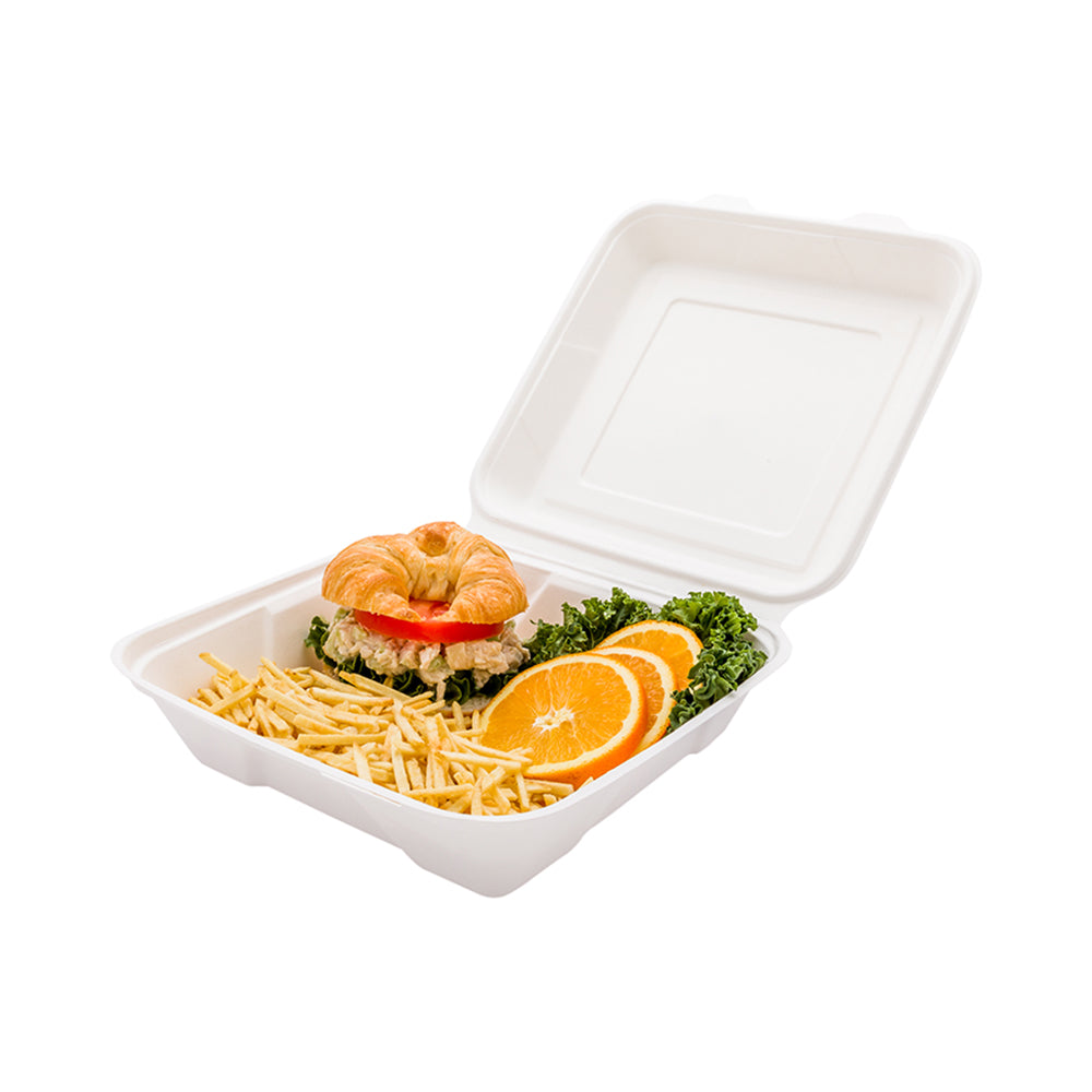 Pulp Tek 32 oz Square White Sugarcane / Bagasse Large Clamshell Container - 9 1/4" x 9 1/4" x 3 1/4" - 100 count box