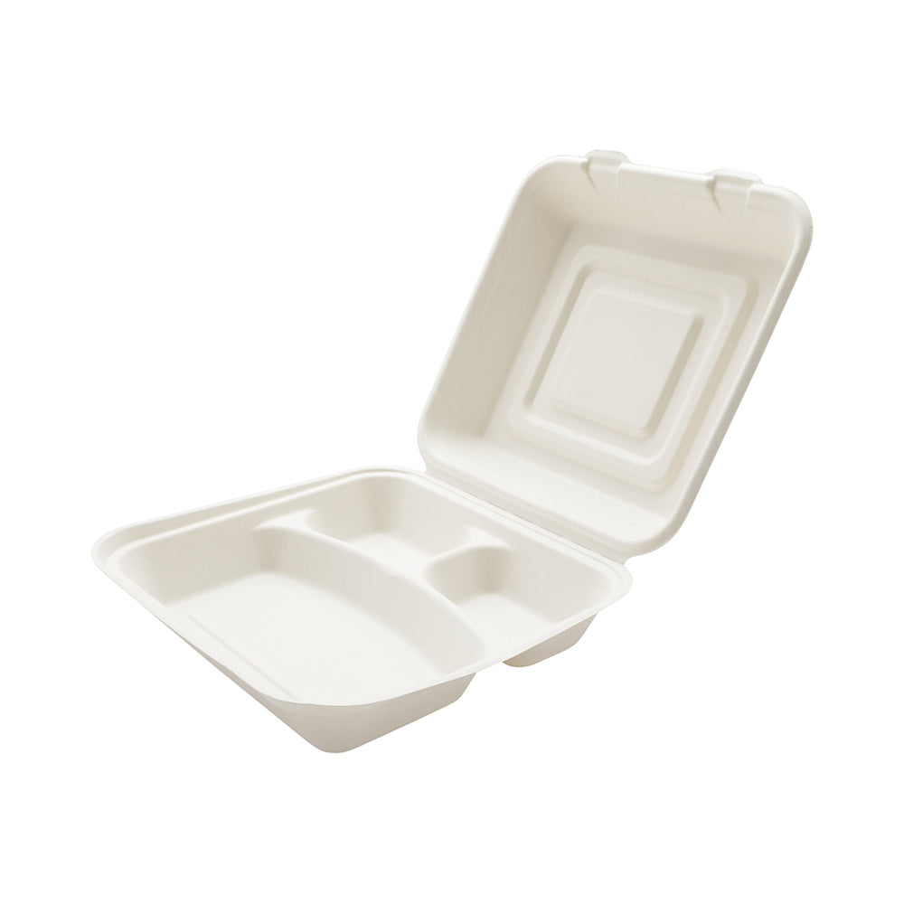 Pulp Tek Square White Sugarcane / Bagasse Extra Large Clamshell Container - 3-Compartment - 9 3/4" x 9 1/2" x 3 1/4" - 100 count box