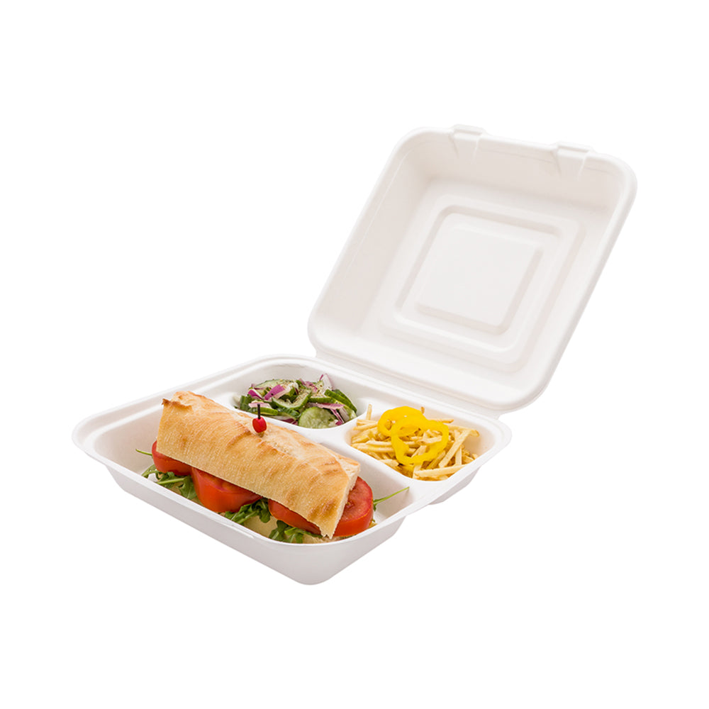 Pulp Tek Square White Sugarcane / Bagasse Extra Large Clamshell Container - 3-Compartment - 9 3/4" x 9 1/2" x 3 1/4" - 100 count box