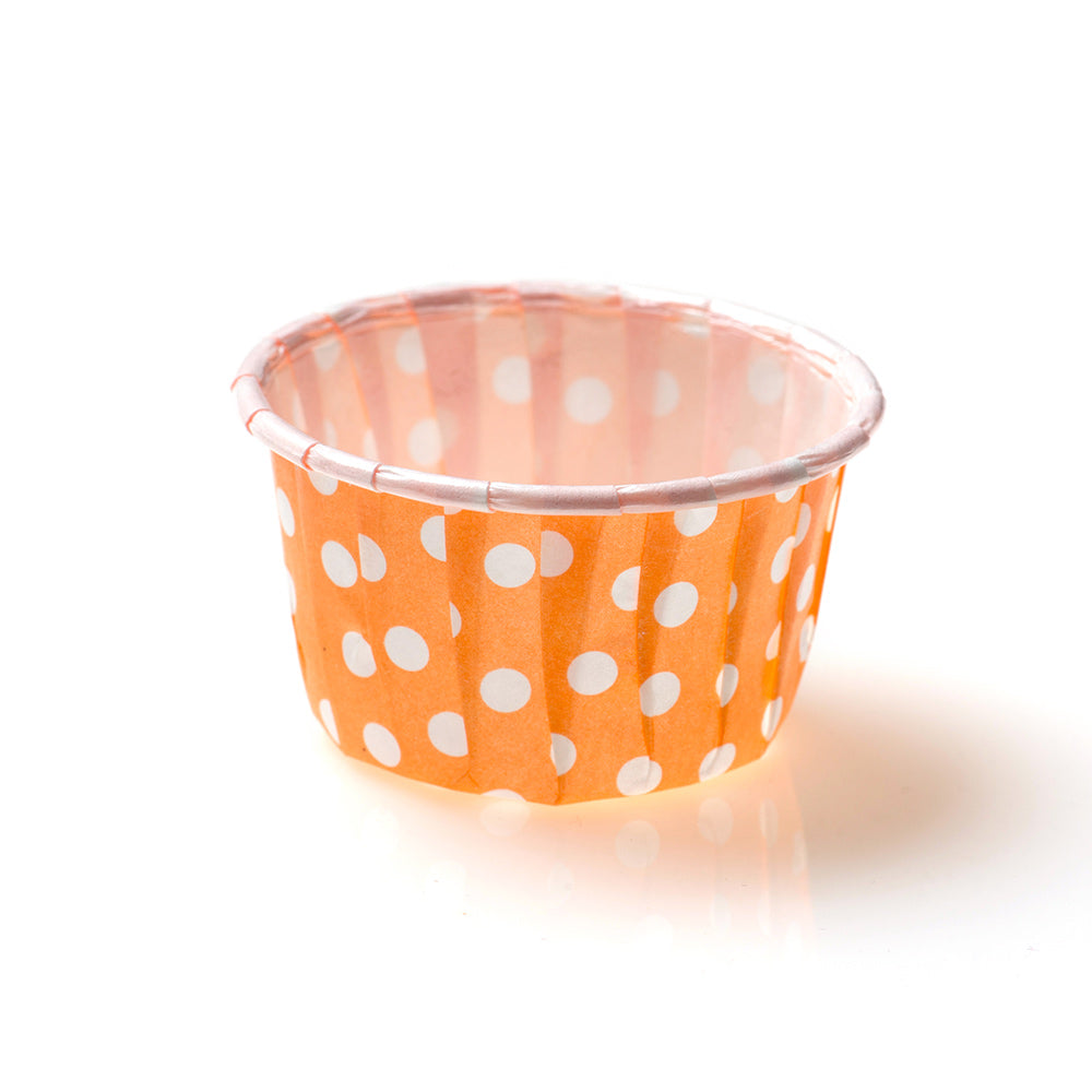 Panificio 2 oz Round Polka-Dotted Hot Orange Paper Medium Baking Cup - Pleated - 2 1/4" x 2 1/4" x 1 1/2" - 200 count box