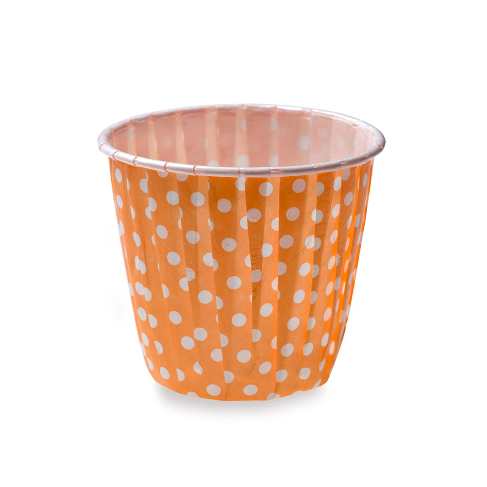 Panificio 4 oz Round Polka-Dotted Hot Orange Paper Tall Baking Cup - Pleated - 3" x 3" x 2 3/4" - 200 count box