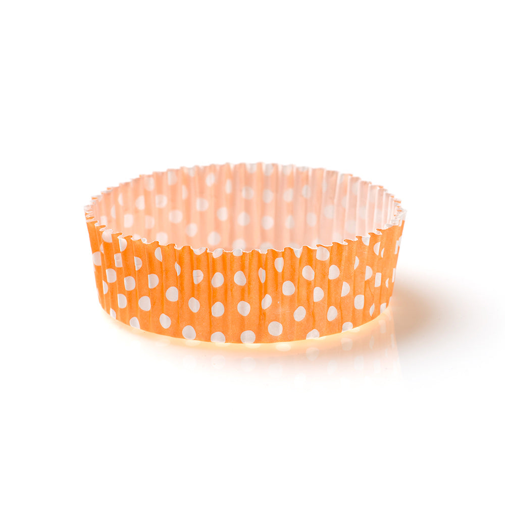 Panificio 4 oz Round Polka-Dotted Hot Orange Paper Baking Cup - Ridged - 3 1/2" x 3 1/2" x 1" - 200 count box