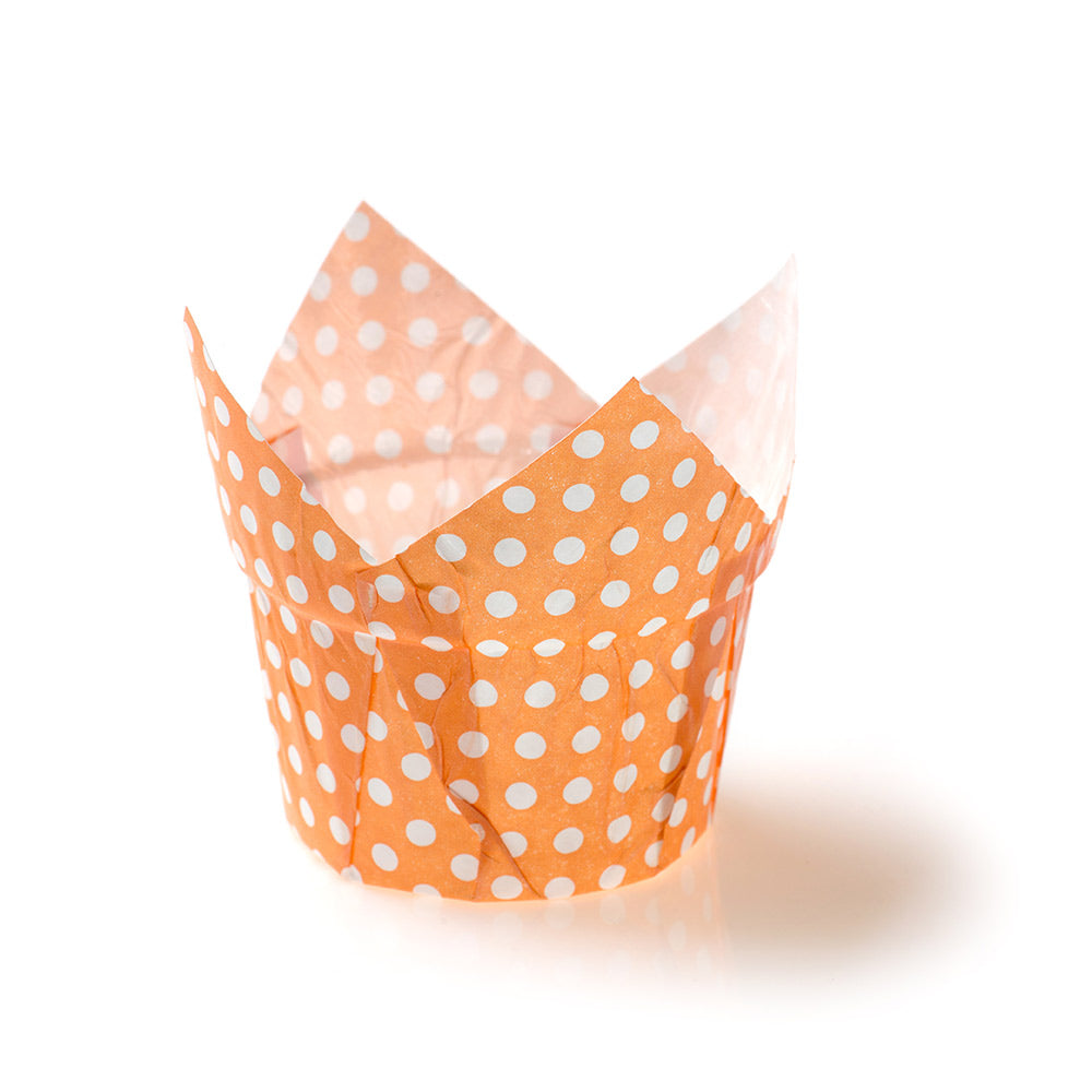 Panificio 1 oz Petal Polka-Dotted Hot Orange Paper Regular Baking Cup - 3" x 3" x 3" - 200 count box