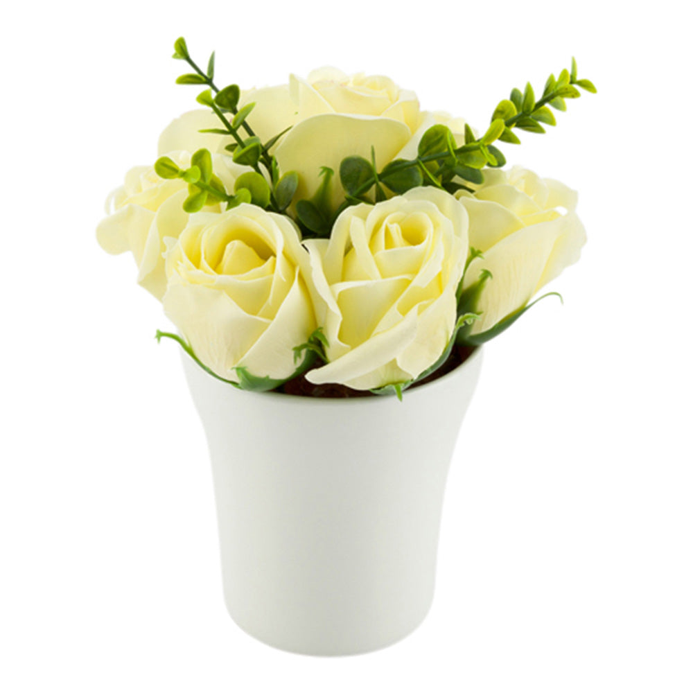 Sapone del Fiore Round Yellow Plastic Roses in Porcelain Pot - 7 Blooms - 4" x 4" x 6" - 12 count box