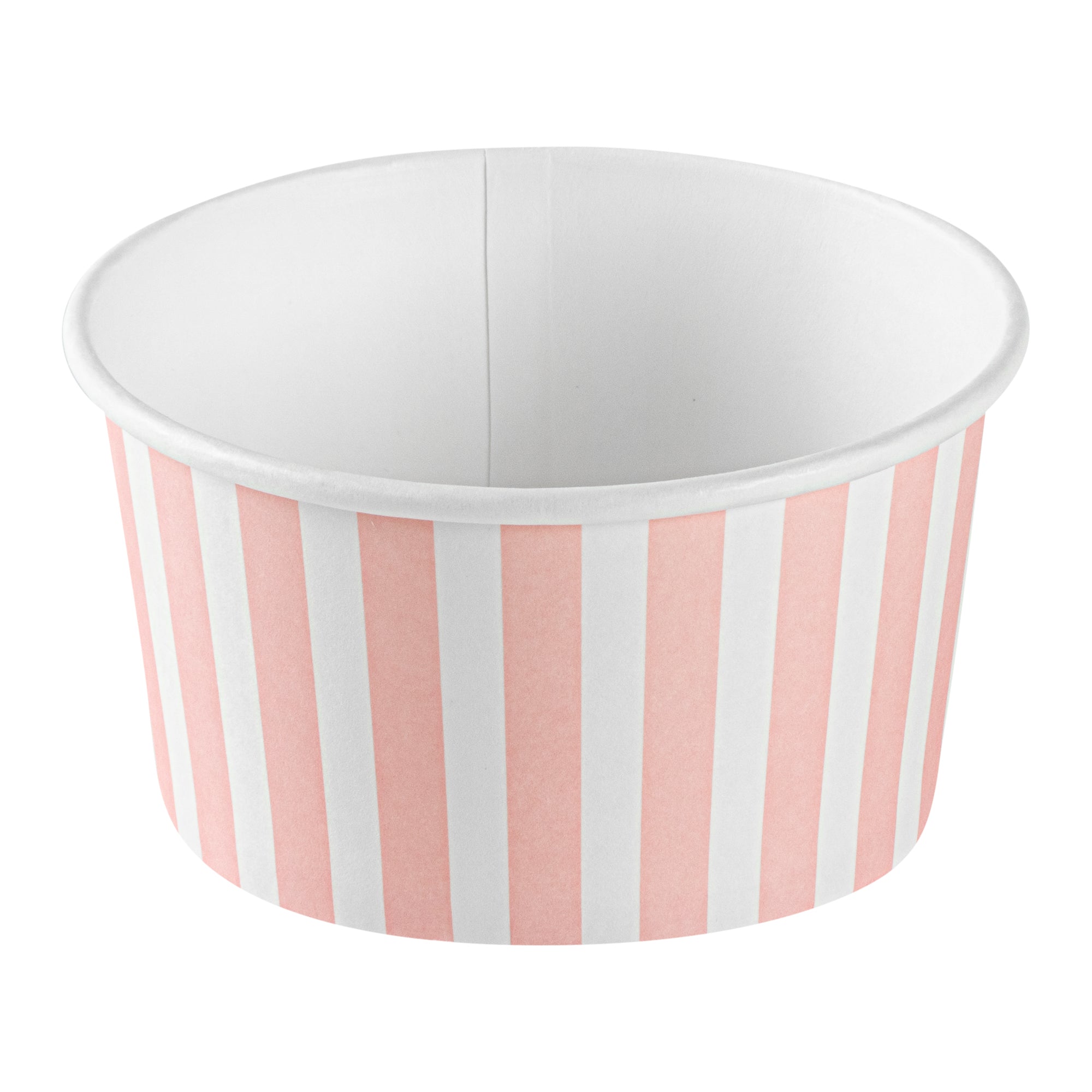 Coppetta 8 oz Round Pink and White Stripe Paper To Go Cup - 3 3/4" x 3 3/4" x 2 1/4" - 200 count box