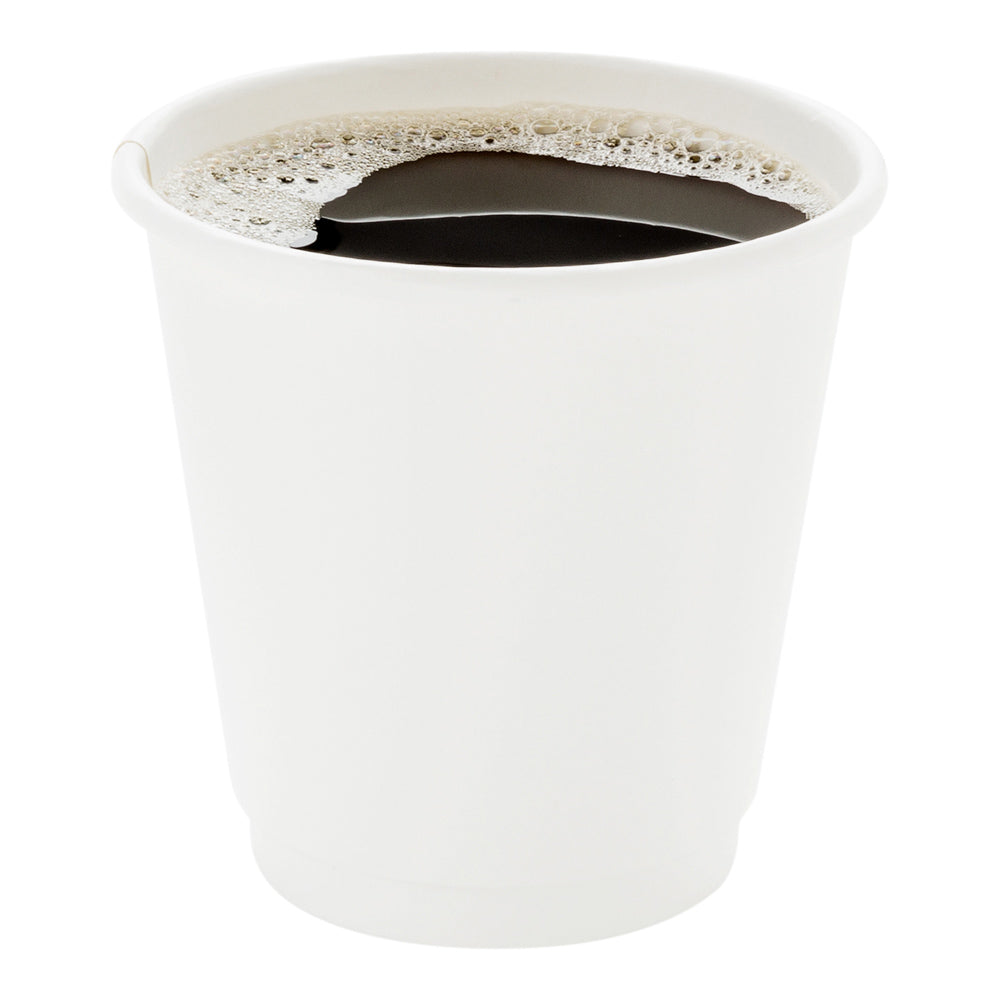 8 oz White Paper Coffee Cup - Double Wall - 3 1/2" x 3 1/2" x 3 1/4" - 500 count box