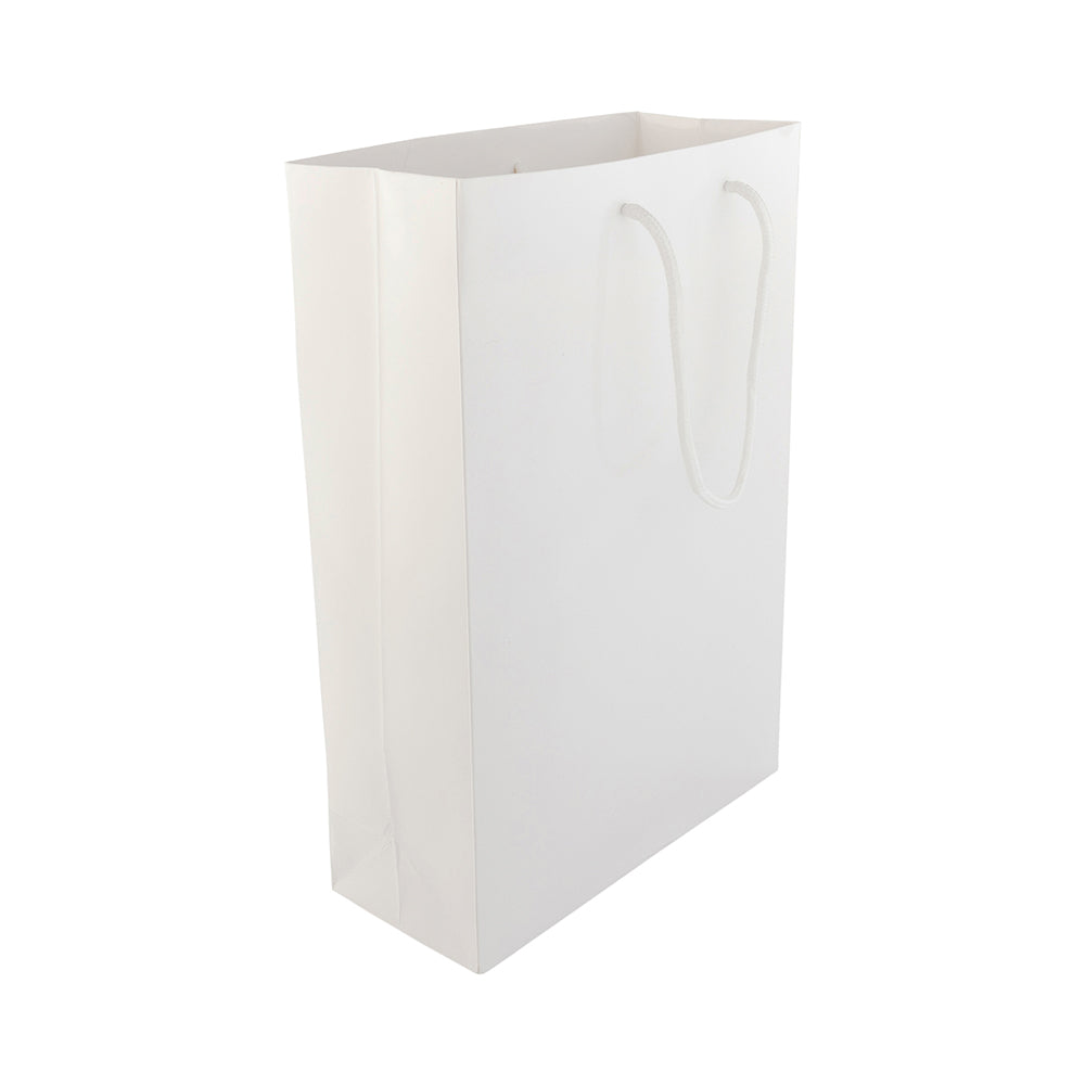 Rectangle White Paper Large Shopping and Take Out Bag - Glossy, Rope Handles - 9 1/2" x 4" x 14" - 10 count box