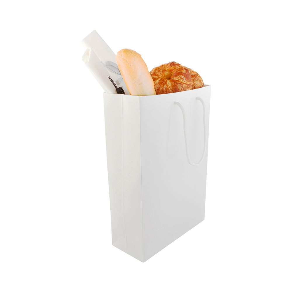 Rectangle White Paper Large Shopping and Take Out Bag - Glossy, Rope Handles - 9 1/2" x 4" x 14" - 10 count box