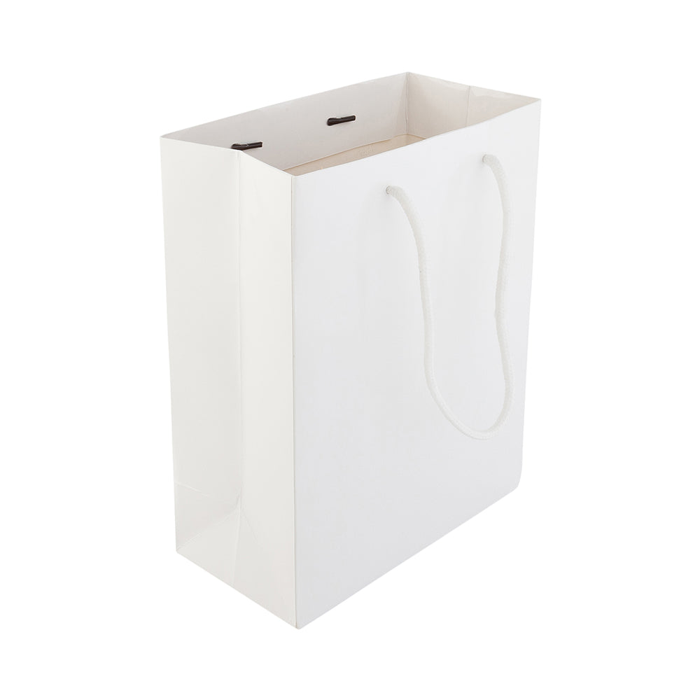 Rectangle White Paper Medium Shopping and Take Out Bag - Glossy, Rope Handles - 8" x 4" x 10" - 10 count box