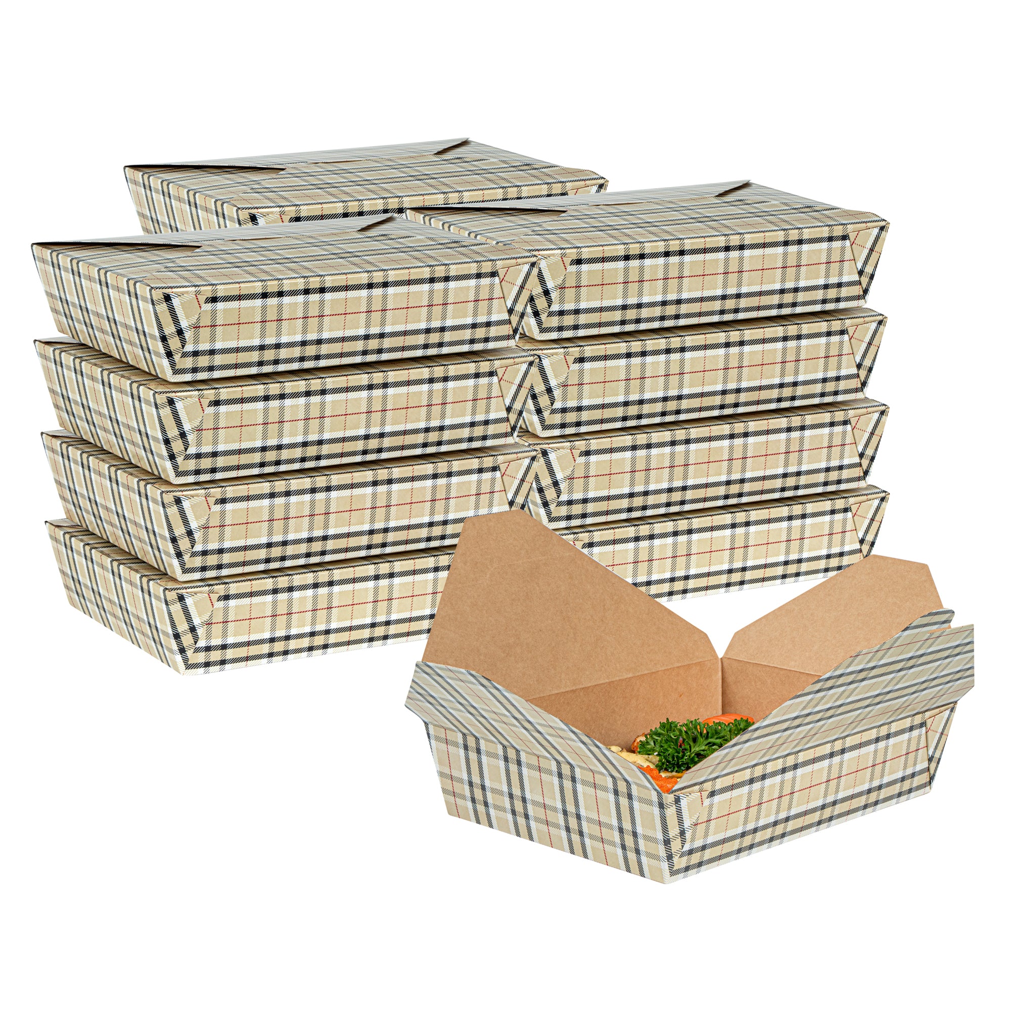 Bio Tek 49 oz Rectangle Plaid Paper #2 Bio Box Take Out Container - 8 1/2" x 6 1/4" x 2" - 200 count box