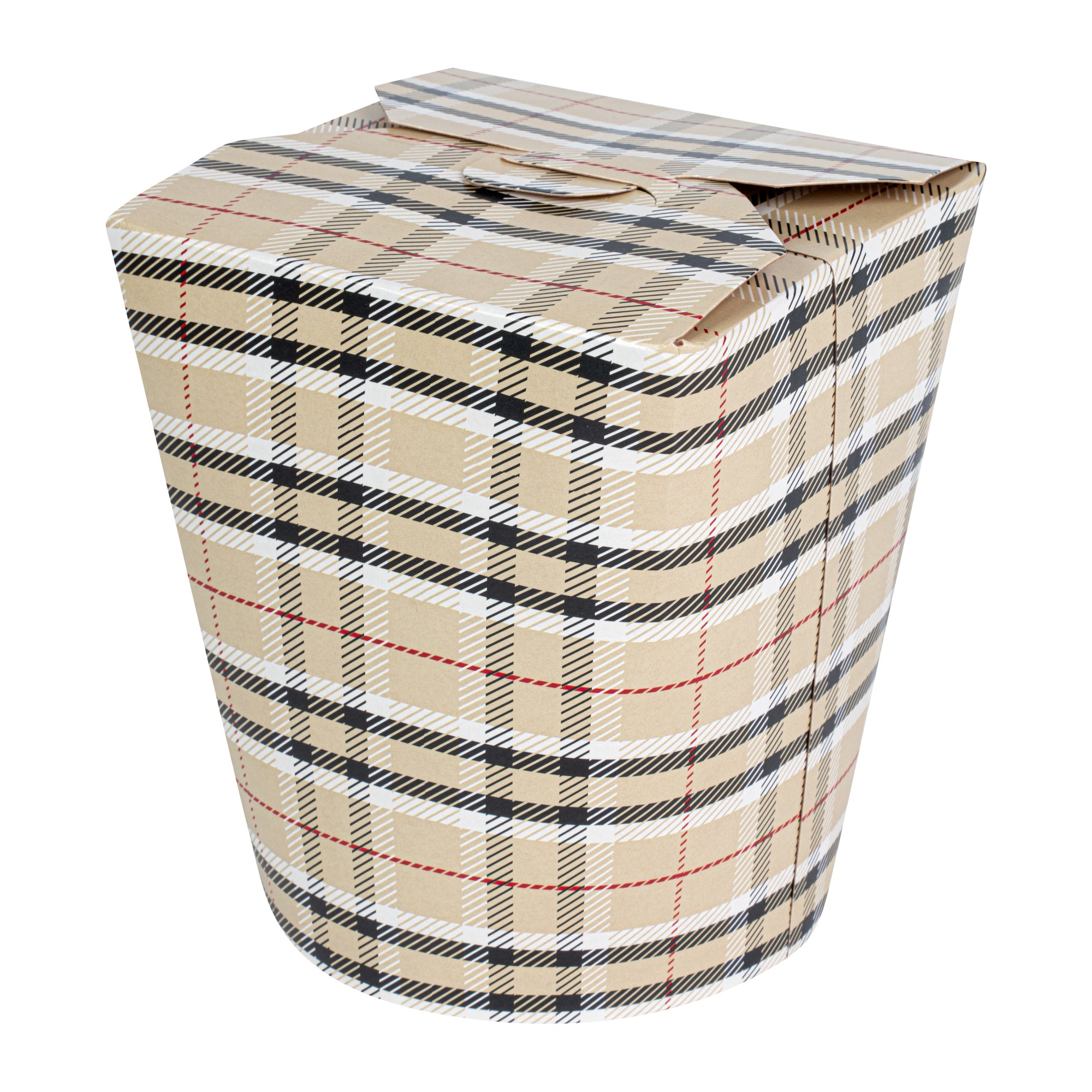 Bio Tek 32 oz Round Plaid Paper Noodle Take Out Container - 4" x 3 1/2" x 4 1/2" - 200 count box