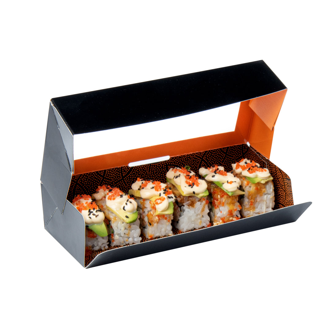 Sakura Vision Black Paper Medium Window Sushi Box - 8" x 3 1/2" x 1 3/4" - 200 count box