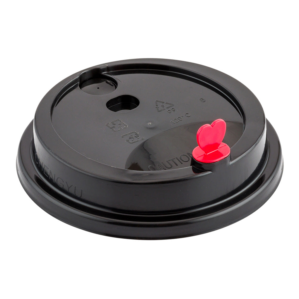 Black Plastic Coffee Cup Lid - Fits 8, 12, 16 and 20 oz, with Red Heart Plug - 500 count box