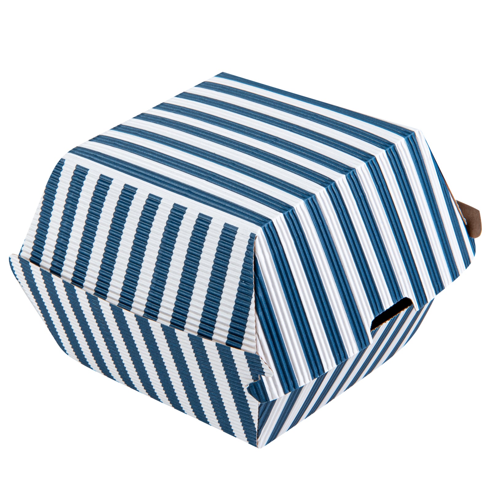 Blue and White Stripe Paper Burger Box - Ripple Wall - 4" x 4" x 3 3/4" - 100 count box