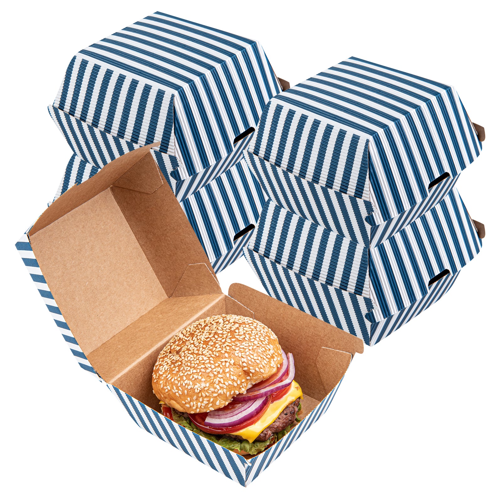 Blue and White Stripe Paper Burger Box - Ripple Wall - 4" x 4" x 3 3/4" - 100 count box