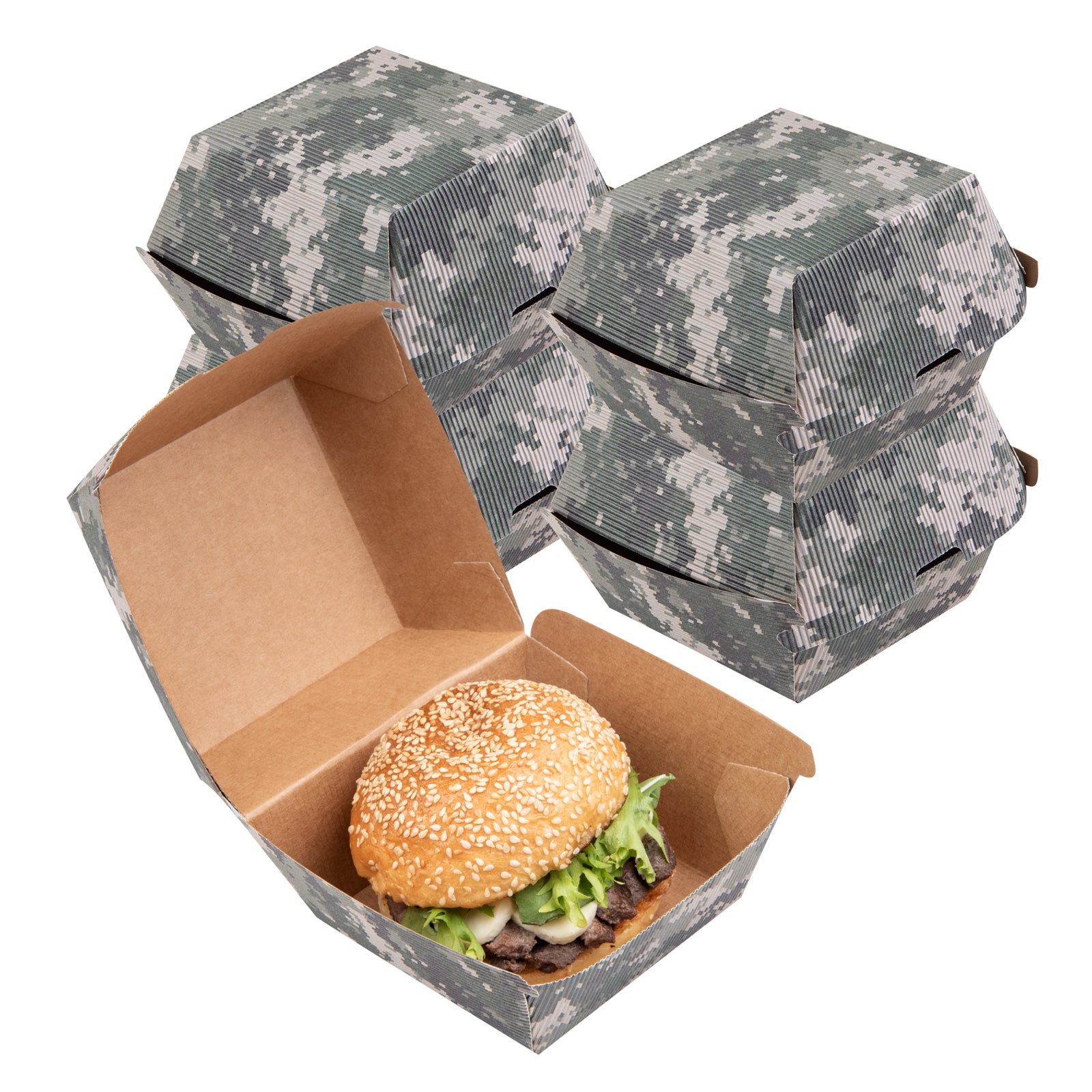 Camouflage Paper Burger Box - Ripple Wall - 4" x 4" x 3 3/4" - 100 count box