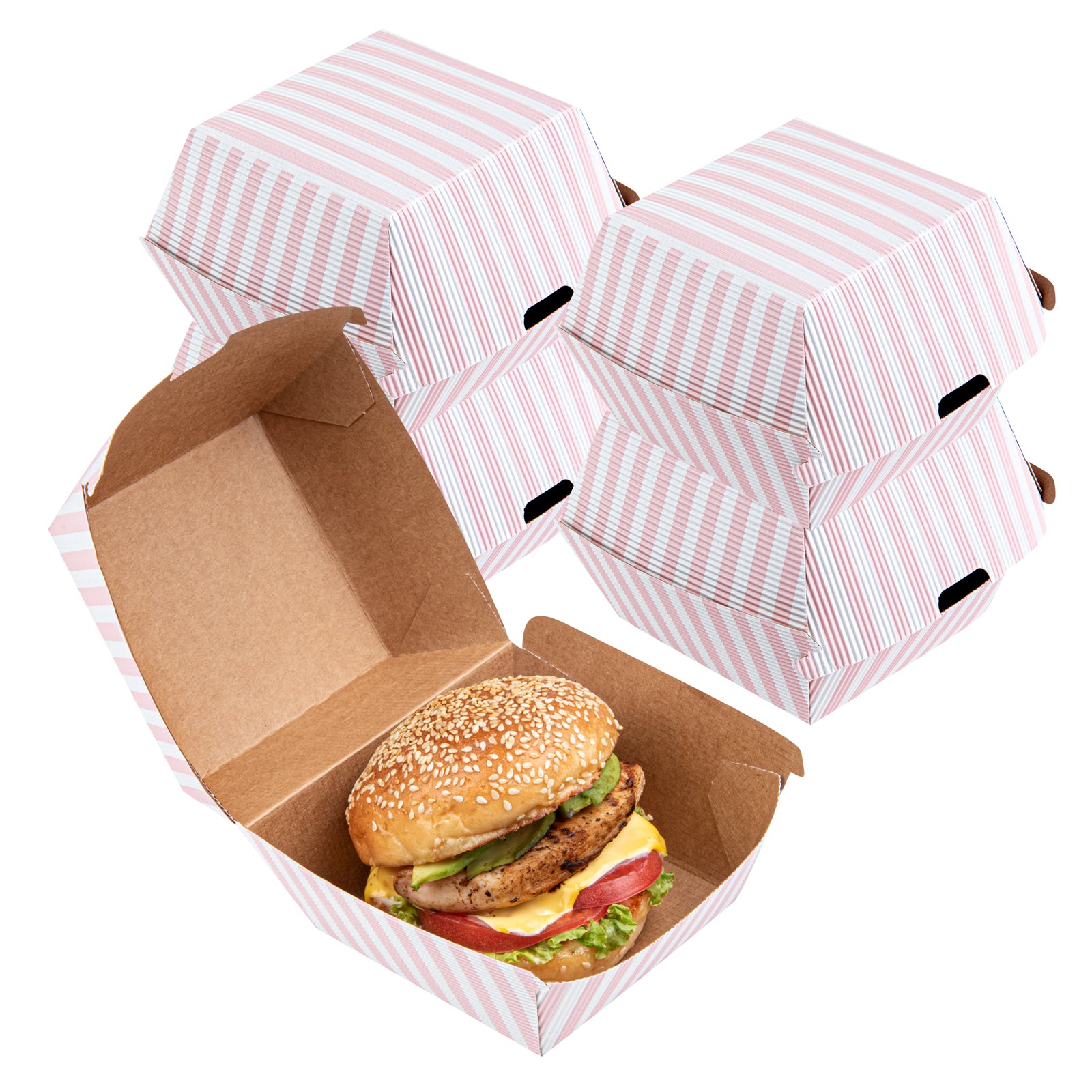 Pink and White Stripe Paper Burger Box - Ripple Wall - 4" x 4" x 3 3/4" - 100 count box