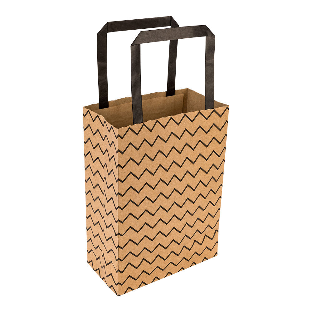 Saving Nature Kraft Paper Large Retail Bag - Black Zig Zag, with Handles - 16" x 9 3/4" x 17 1/4" - 100 count box