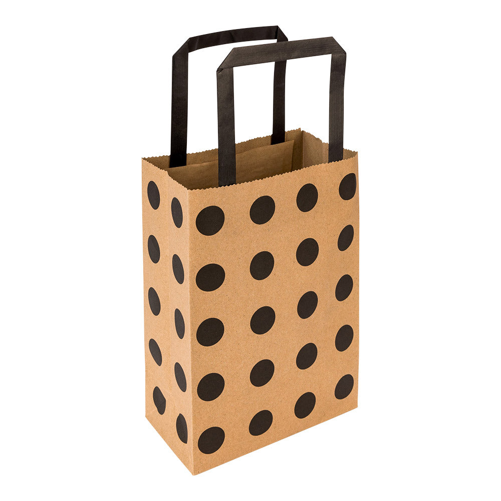 Saving Nature Kraft Paper Small Retail Bag - Black Polka Dot, with Handles - 6" x 3 1/4" x 8 1/4" - 100 count box