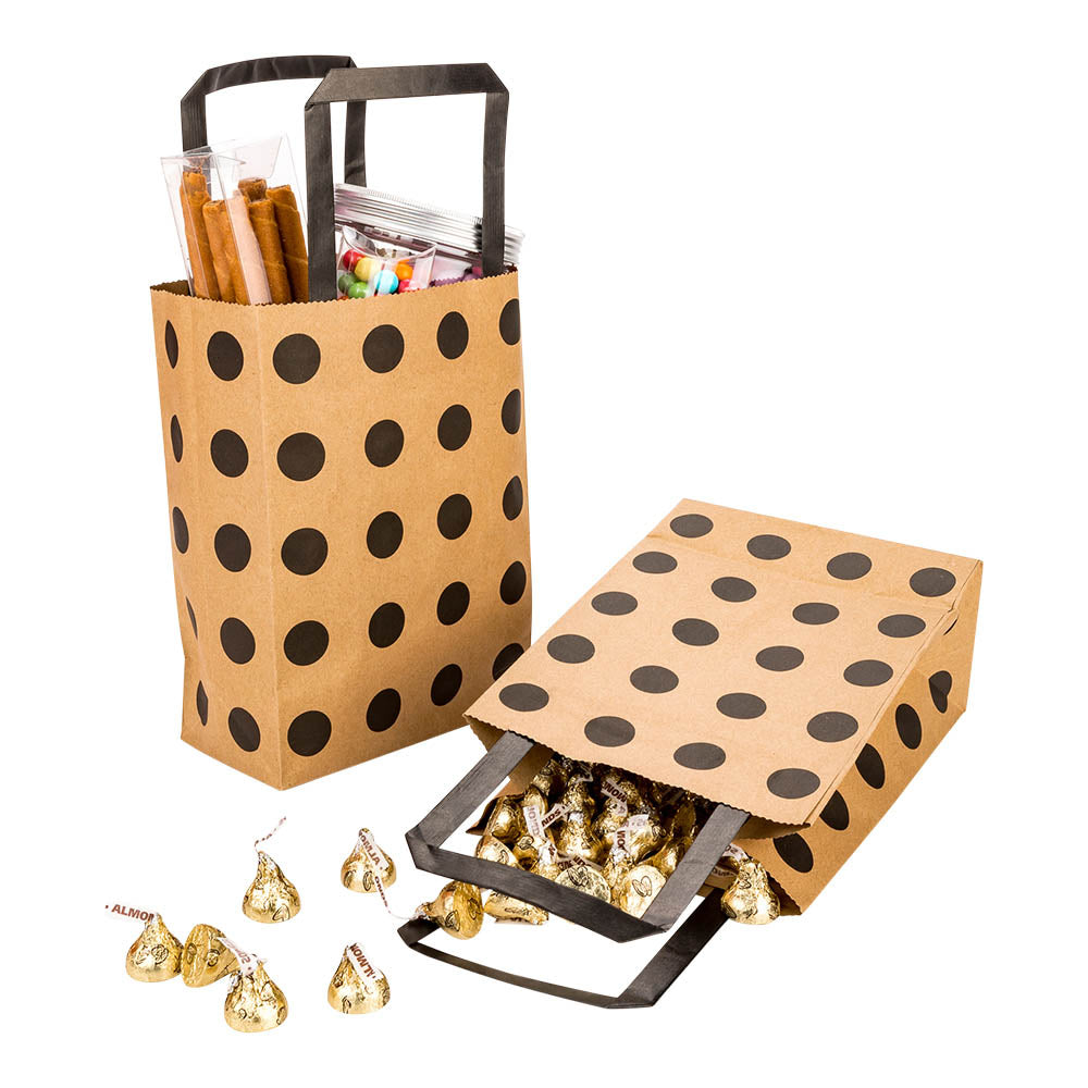 Saving Nature Kraft Paper Medium Retail Bag - Black Polka Dot, with Handles - 10" x 6 3/4" x 12" - 100 count box