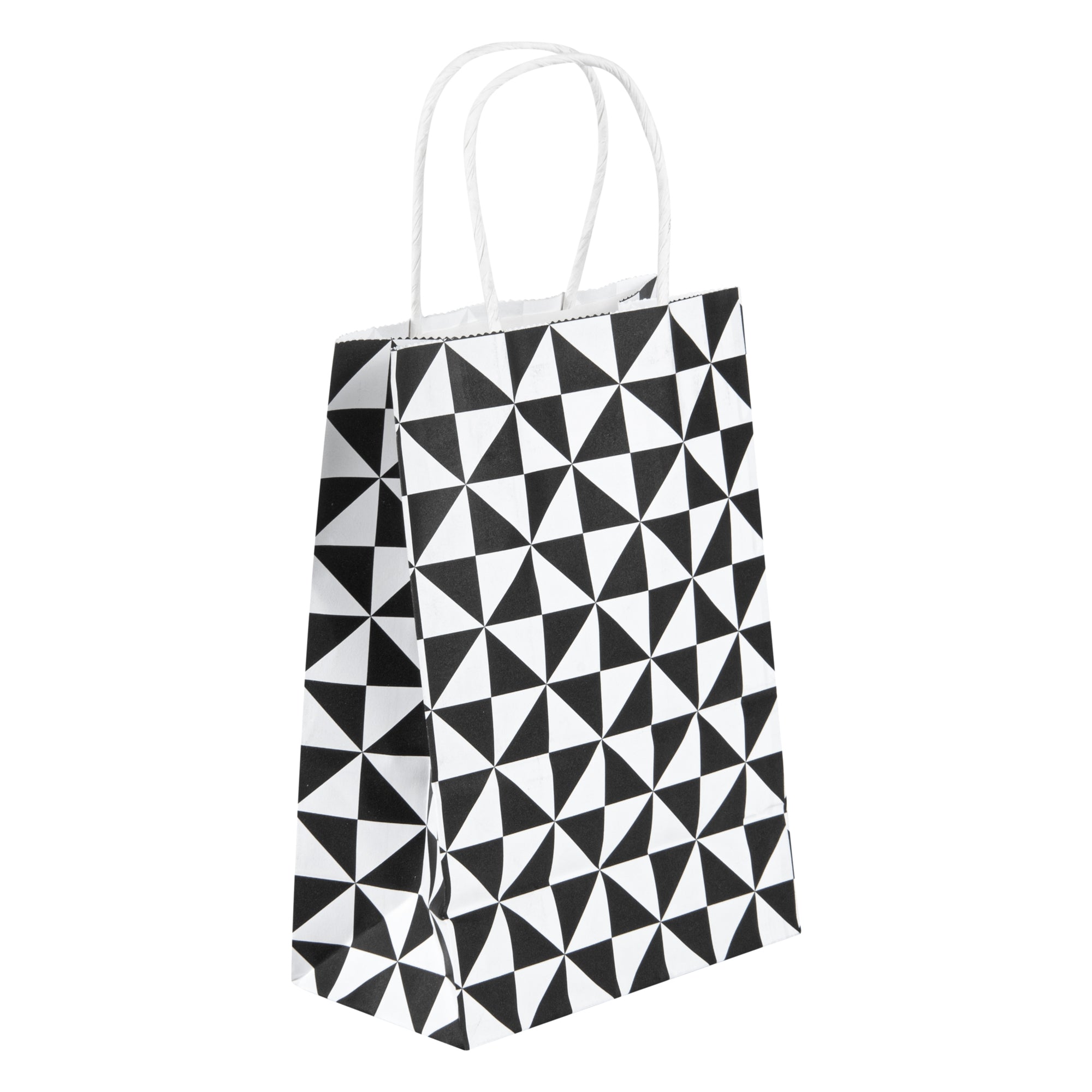 Vogue White Paper Small Shopping Bag - Black Geo Print, with Handles - 6" x 3 1/4" x 8 1/4" - 100 count box