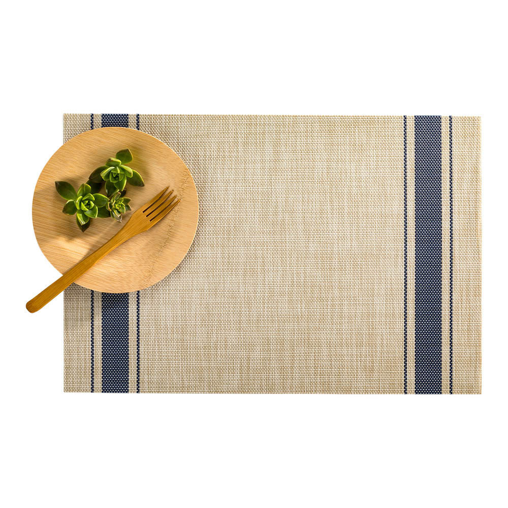 French Countryside Khaki Vinyl Woven Placemat - with Navy Stripe - 16" x 12" - 6 count box