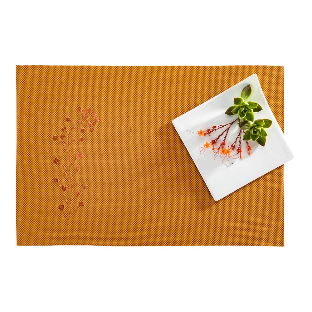 Carmel Mesh Autumn Orange Vinyl Woven Placemat - with Embroidered Blossoms - 16" x 12" - 6 count box