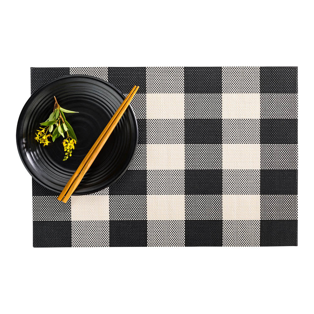 Carmel Mesh Black and White Vinyl Woven Placemat - Large Gingham - 16" x 12" - 6 count box