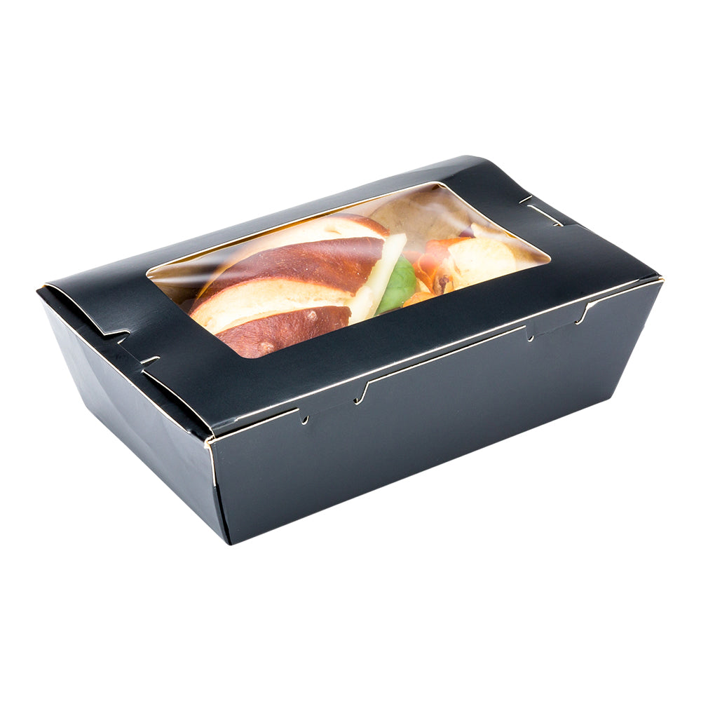 Cafe Vision 21 oz Black Paper Small Take Out Container - Hinge Lock - 6 1/4" x 4" x 1 3/4" - 200 count box