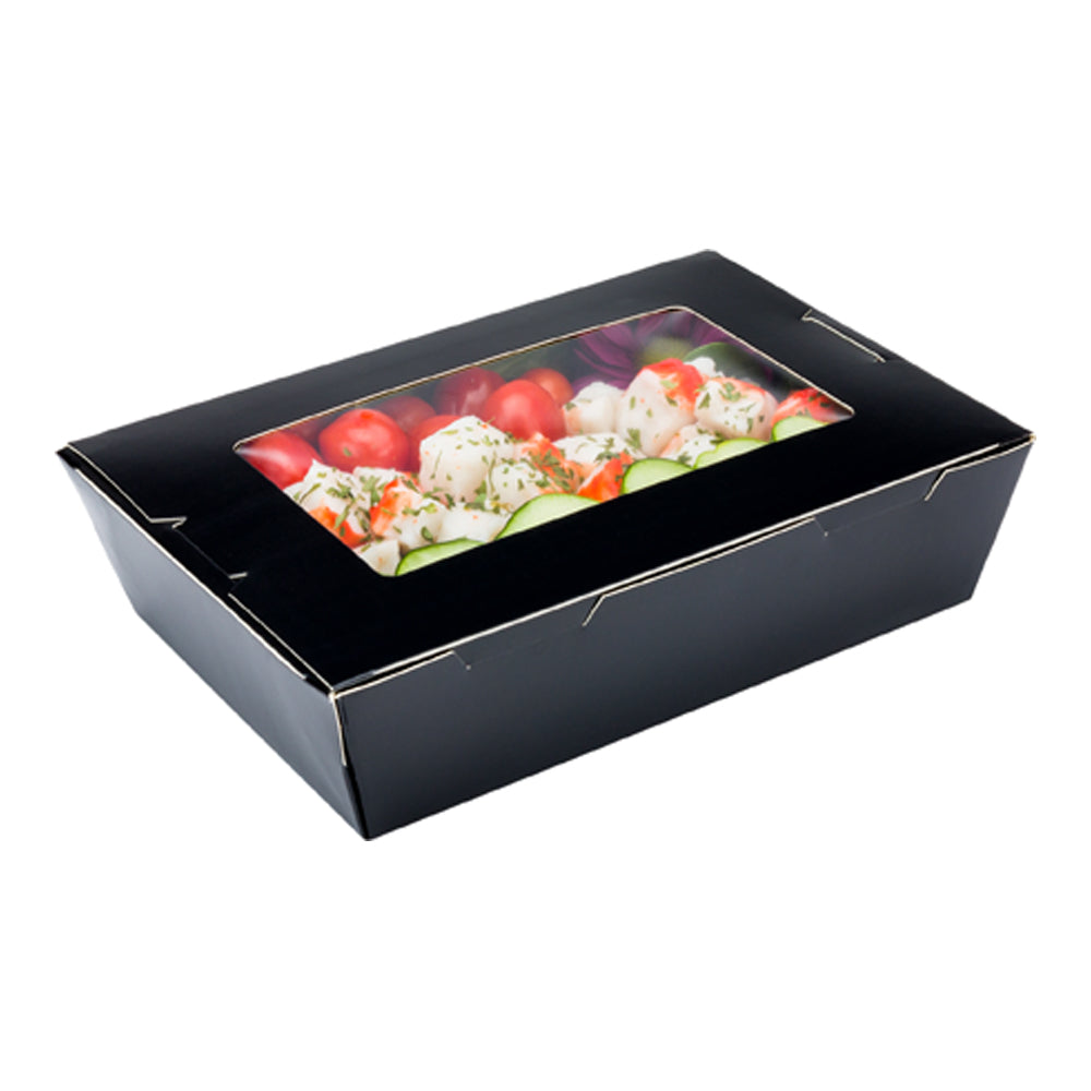 Cafe Vision 42 oz Black Paper Medium Take Out Container - Hinge Lock - 8" x 5 1/2" x 2" - 200 count box