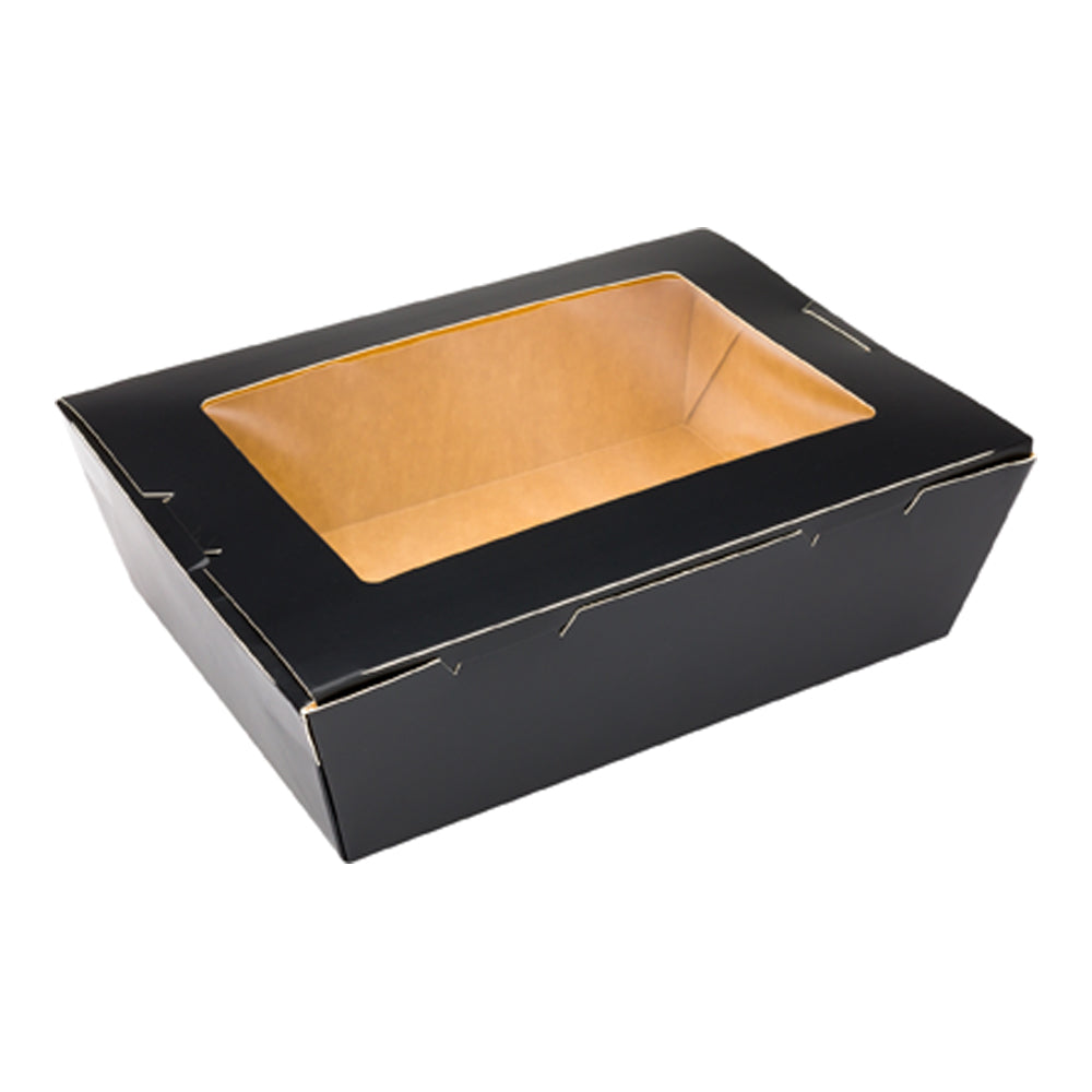 Cafe Vision 71 oz Black Paper Large Take Out Container - Hinge Lock - 8 3/4" x 6 1/2" x 2 1/2" - 200 count box