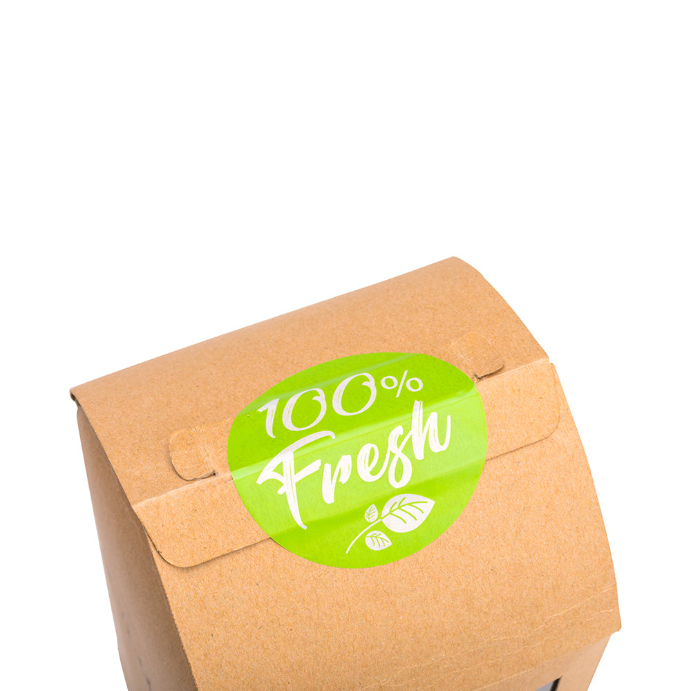 Label Tek Plastic Fresh Label - Green with White Font, Tamper-Evident - 2" x 2" - 500 count box