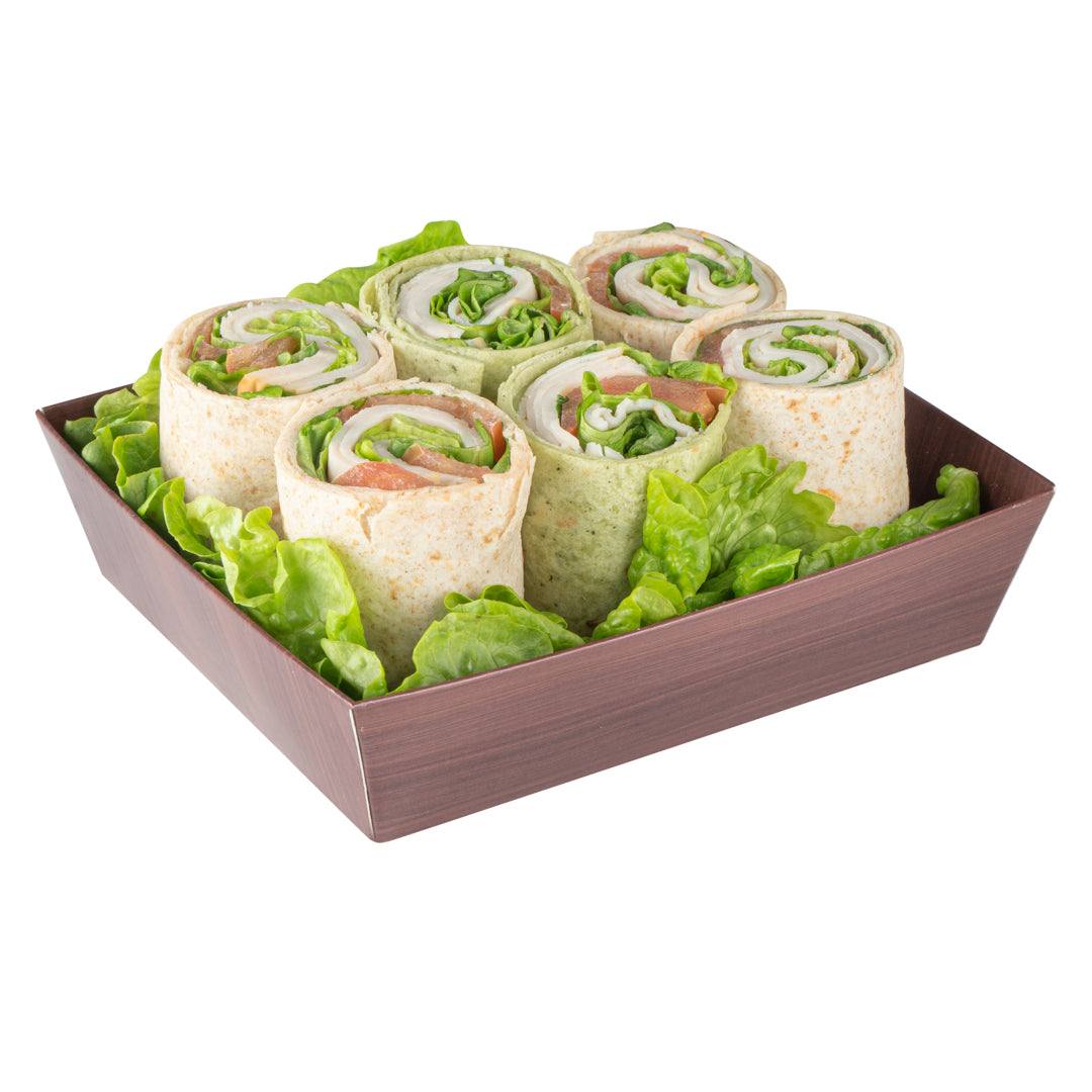 Matsuri Vision Wood Grain Paper Large Sushi Container - 5" x 4 1/2" x 1 1/2" - 100 count box